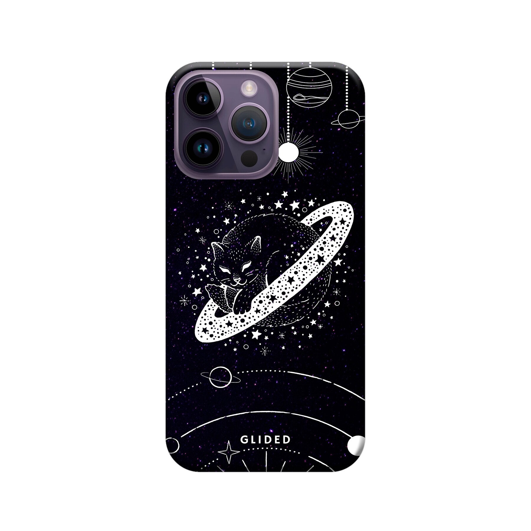 Astro Whiskers iPhone 15 Pro Max Handyhülle mit einer eleganten Katze vor einem mystischen Weltraumhintergrund.