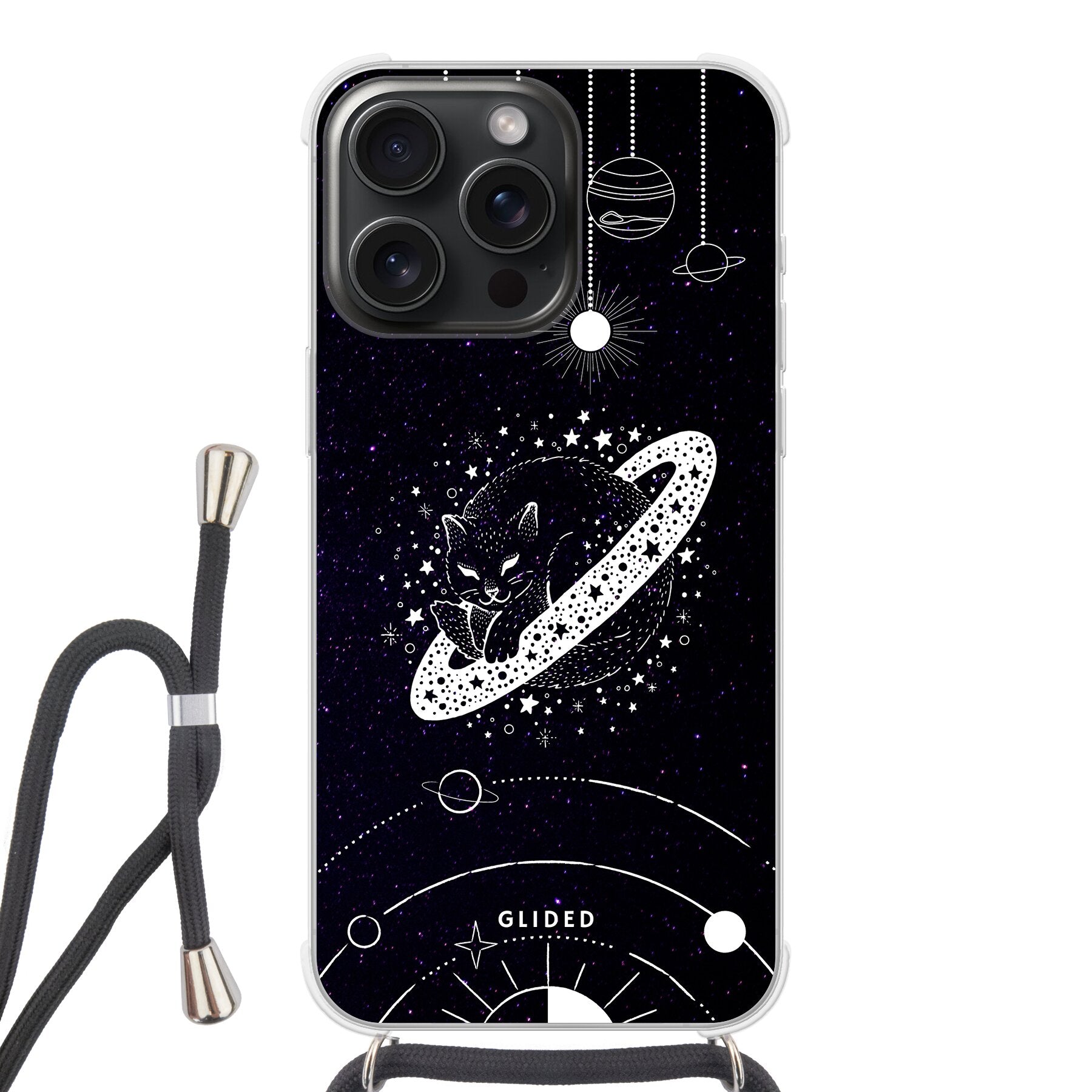 Astro Whiskers iPhone 15 Pro Max Handyhülle mit einer eleganten Katze vor einem mystischen Weltraumhintergrund.