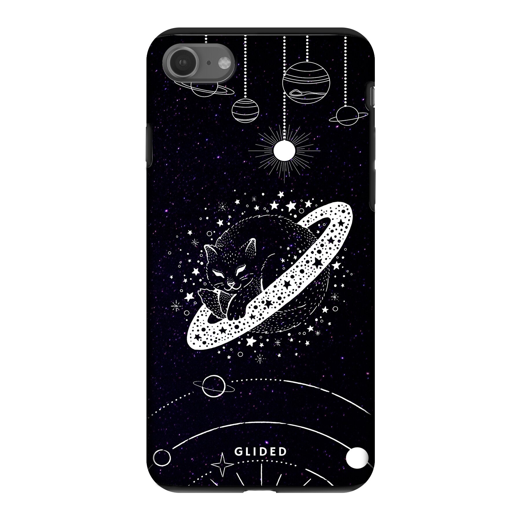 Astro Whiskers iPhone 8 Handyhülle mit einer stilvollen Katze im Weltraum auf dunklem Hintergrund, idealer Schutz und elegantes Design.