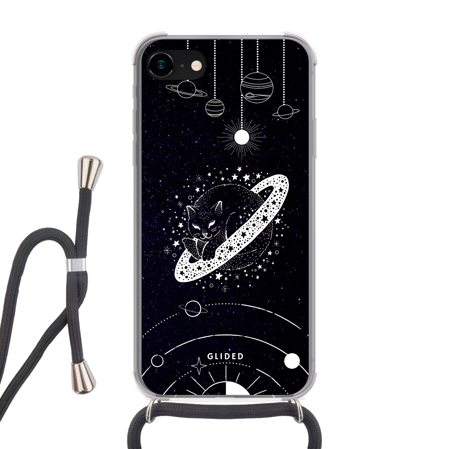 Astro Whiskers iPhone 8 Handyhülle mit einer stilvollen Katze im Weltraum auf dunklem Hintergrund, idealer Schutz und elegantes Design.