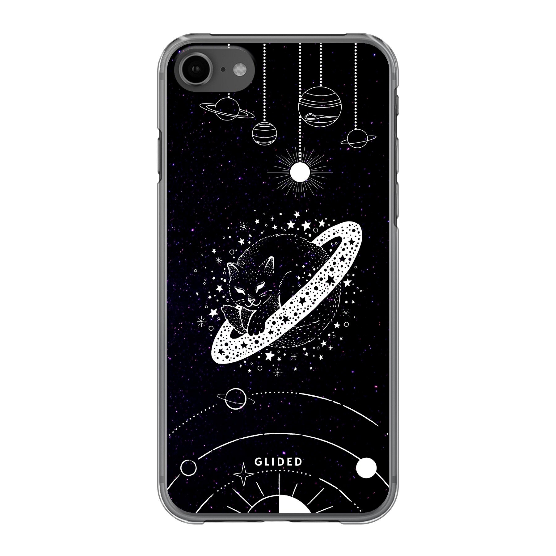 Astro Whiskers iPhone 8 Handyhülle mit einer stilvollen Katze im Weltraum auf dunklem Hintergrund, idealer Schutz und elegantes Design.