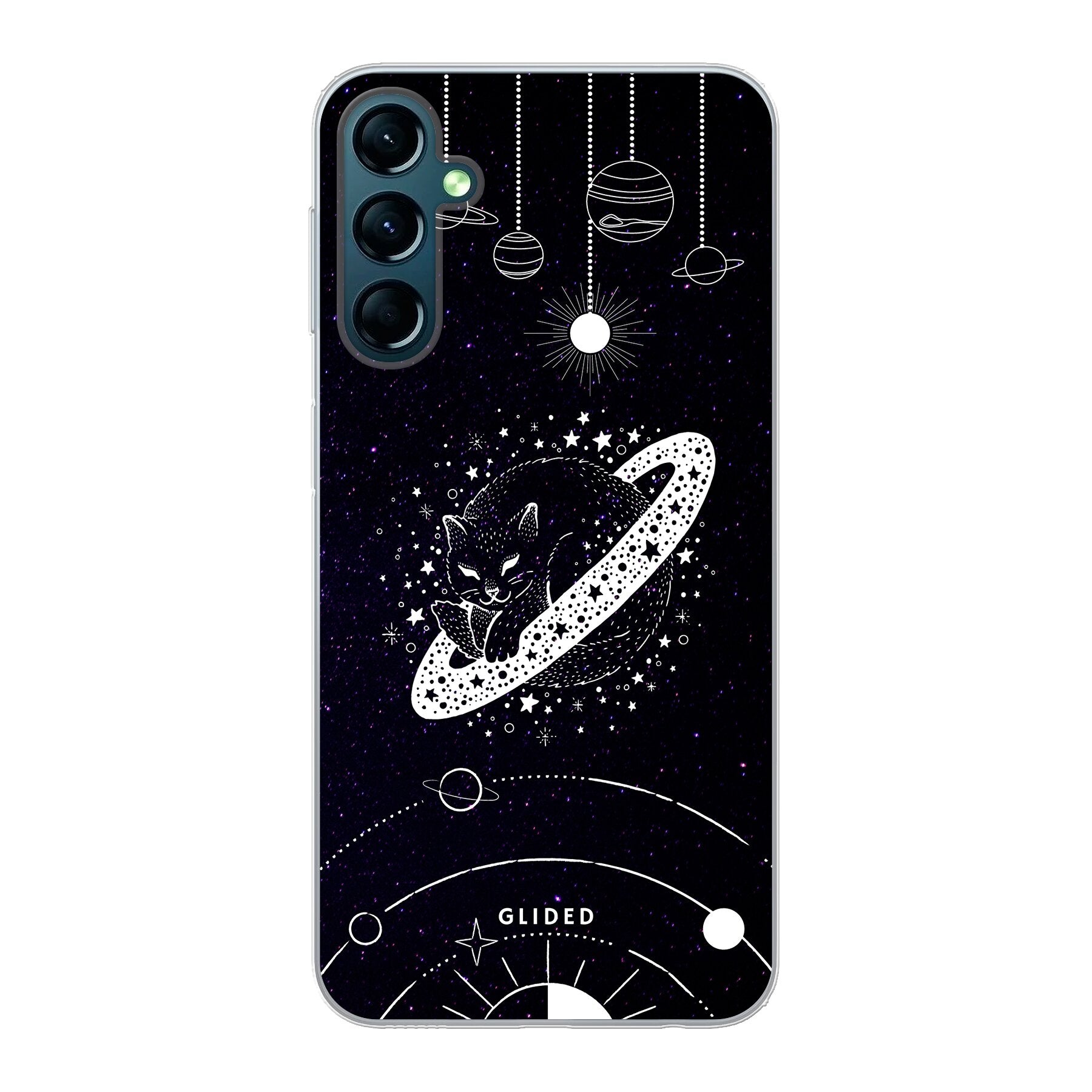 Astro Whiskers Handyhülle für Samsung Galaxy A24 4g mit einer eleganten Katze vor einem mystischen Weltraumhintergrund.