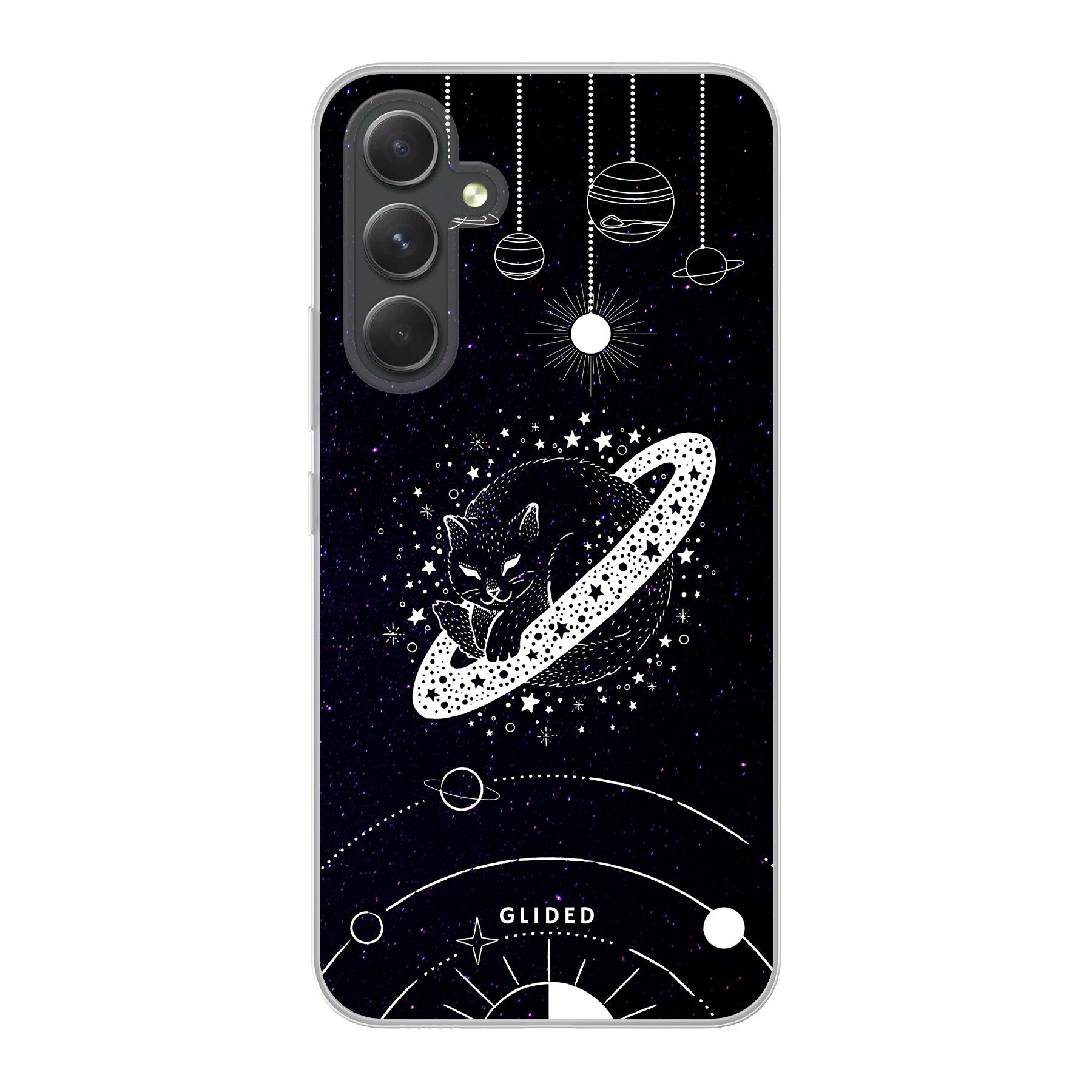 Astro Whiskers Handyhülle für Samsung Galaxy A54 5G mit einer eleganten Katze vor einem mystischen Weltraumhintergrund.