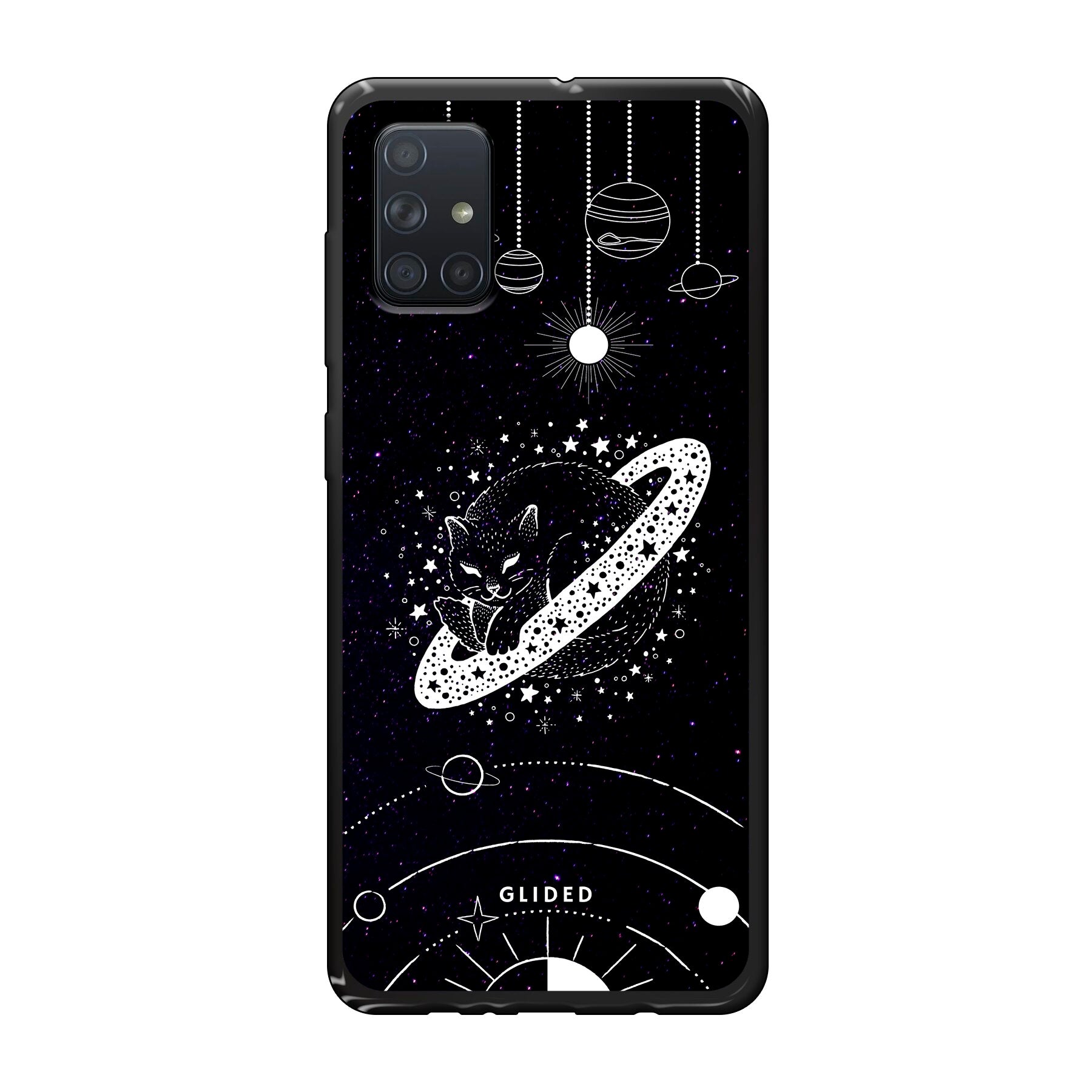 Astro Whiskers Handyhülle für Samsung Galaxy A71 mit einer eleganten Katze vor einem mystischen Weltraumhintergrund.