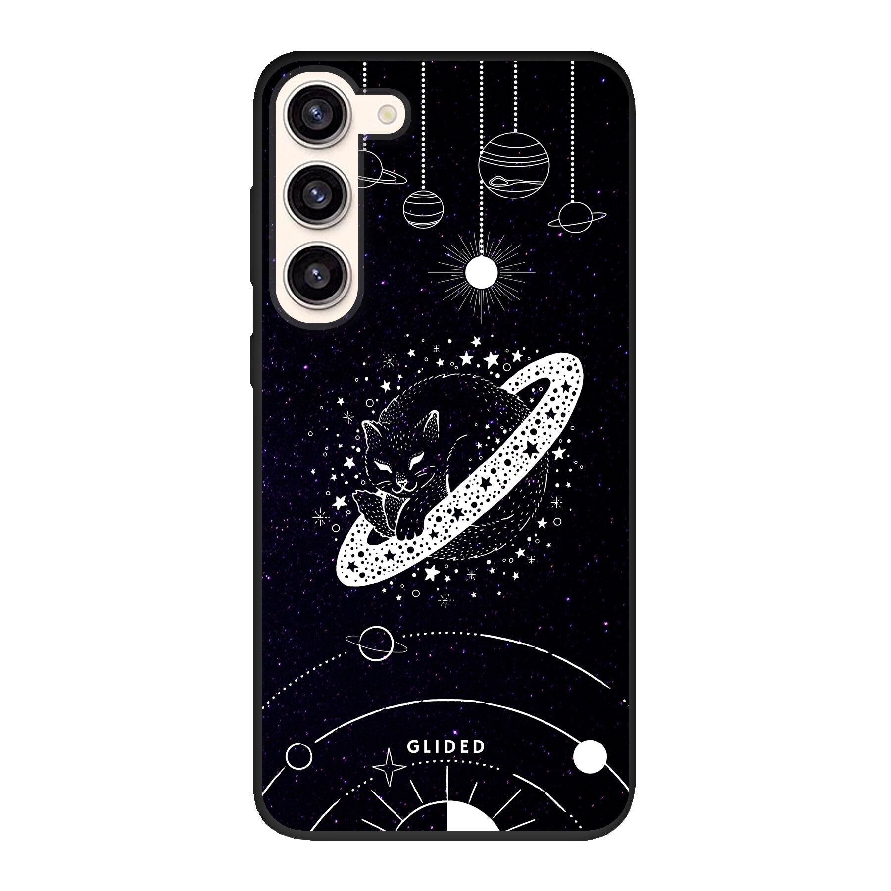 Astro Whiskers Handyhülle für Samsung Galaxy S23 Plus mit einer eleganten Katze vor einem geheimnisvollen Weltraum-Hintergrund.