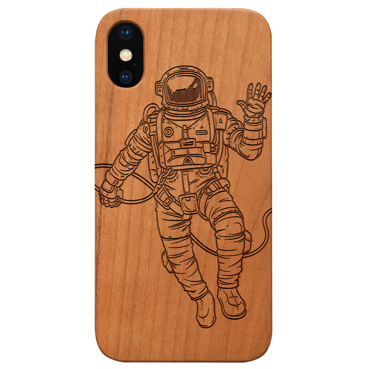 Astronaut Engraved wooden phone case showcasing intricate laser-engraved design and natural wood finish.