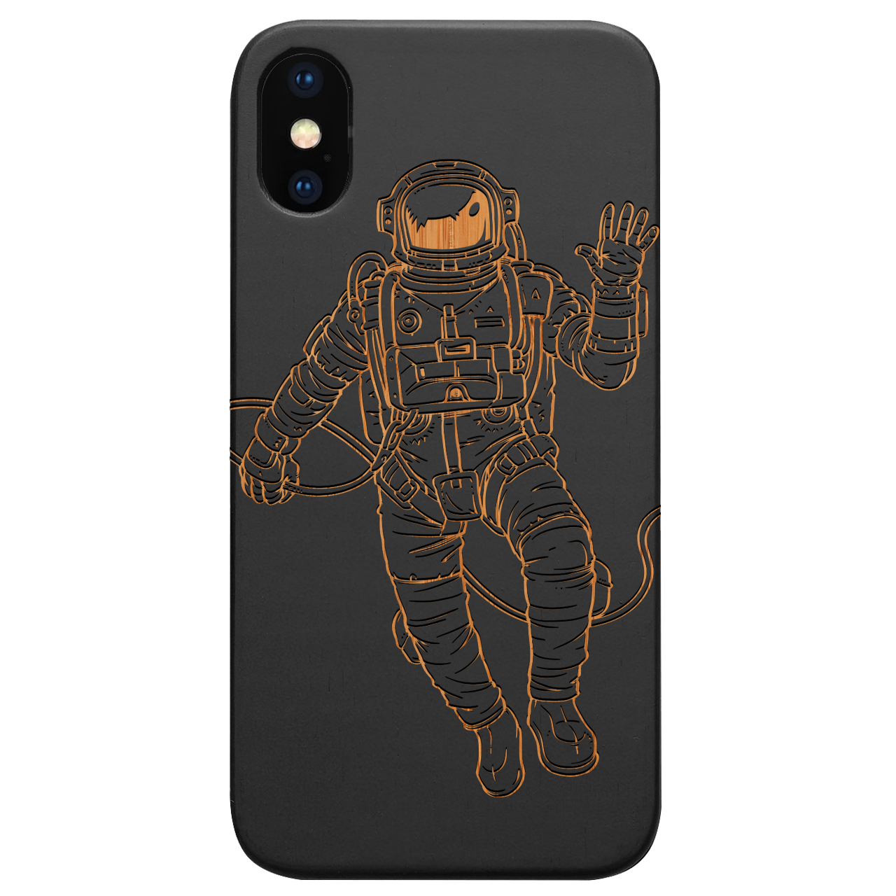 Astronaut Engraved wooden phone case showcasing intricate laser-engraved design and natural wood finish.