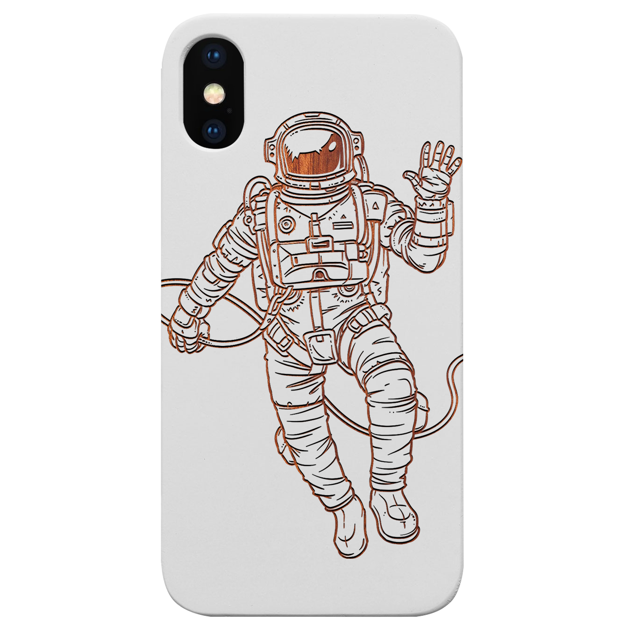 Astronaut Engraved wooden phone case showcasing intricate laser-engraved design and natural wood finish.