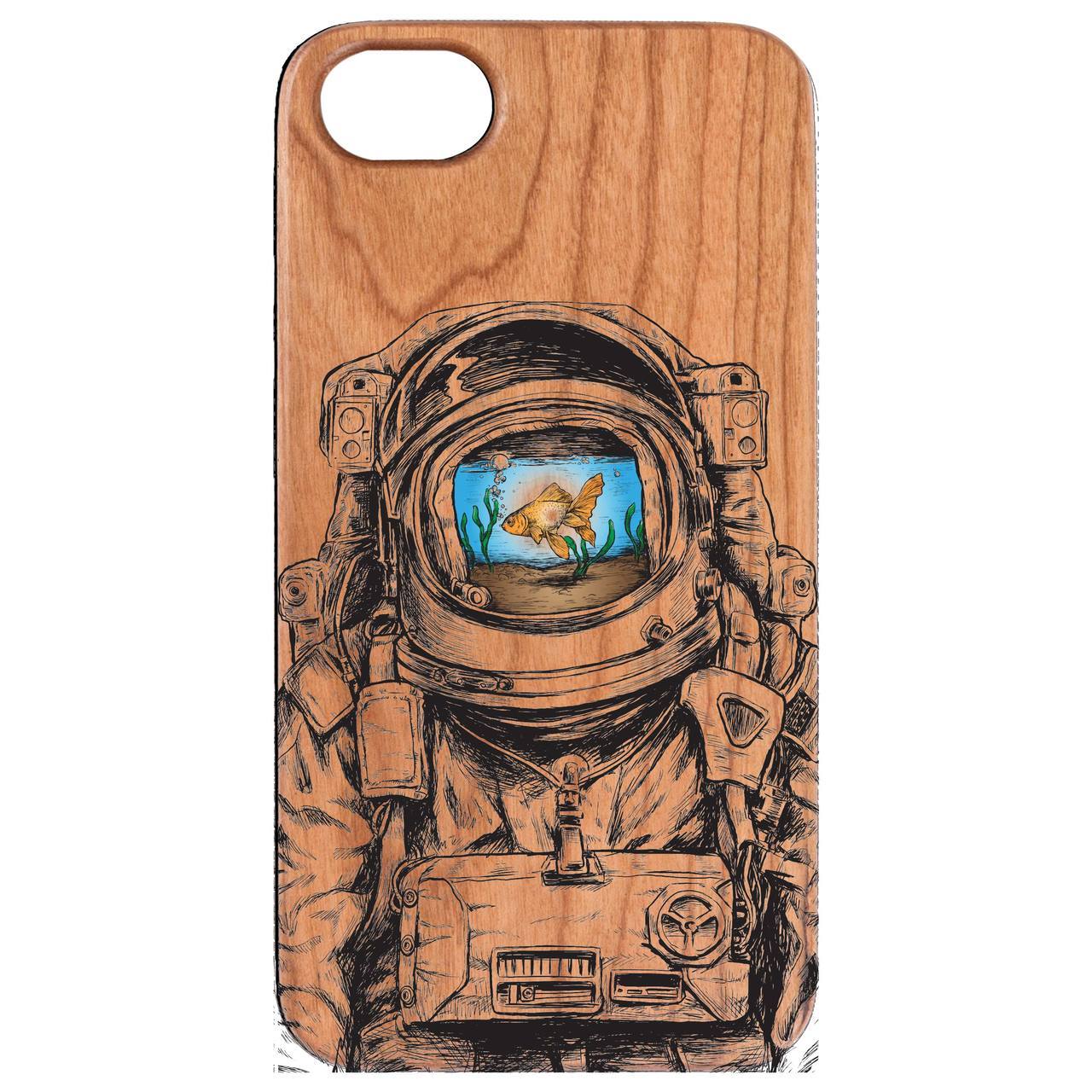 Astronaut Goldfish UV Color Printed phone case showcasing vibrant colors and wooden texture.