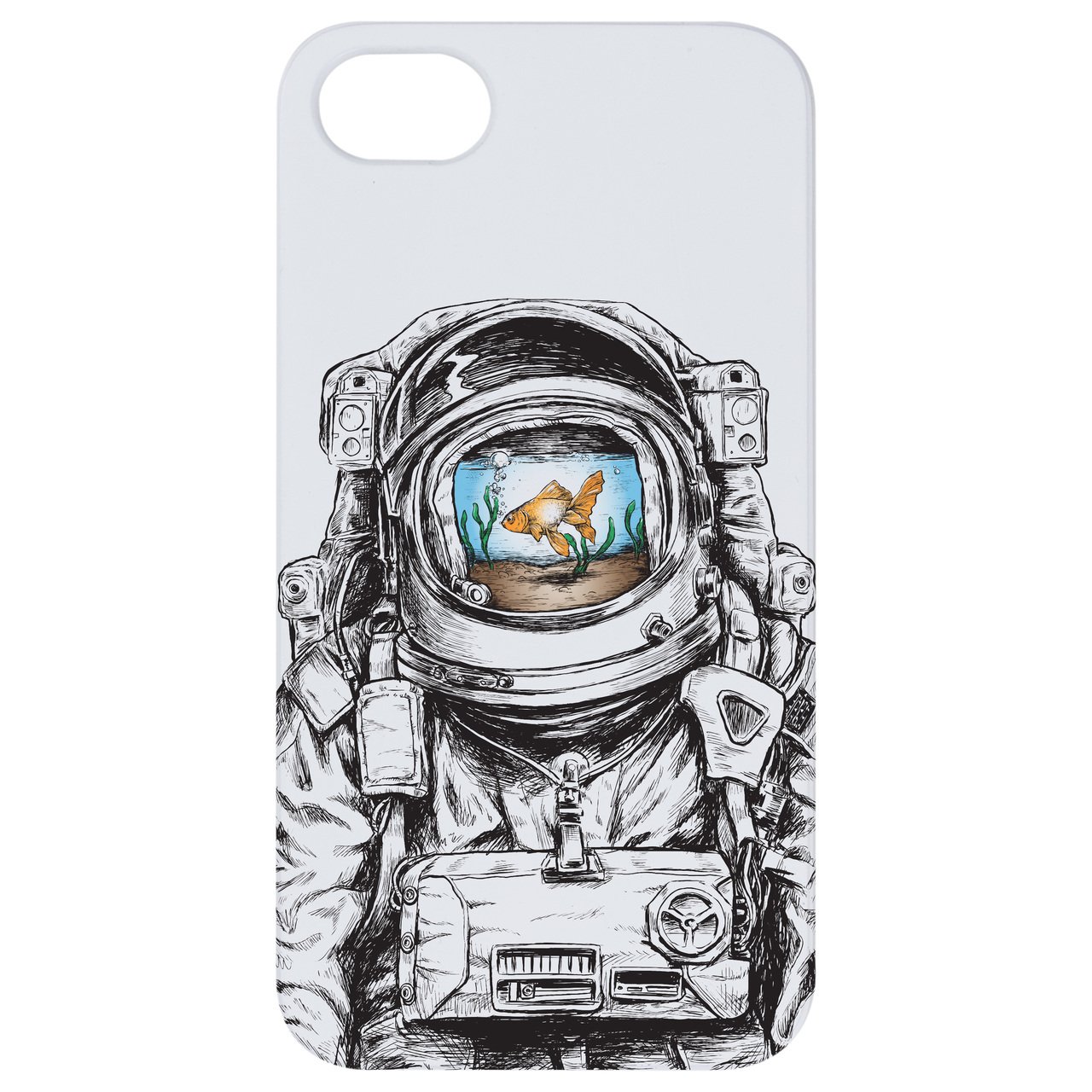 Astronaut Goldfish UV Color Printed phone case showcasing vibrant colors and wooden texture.