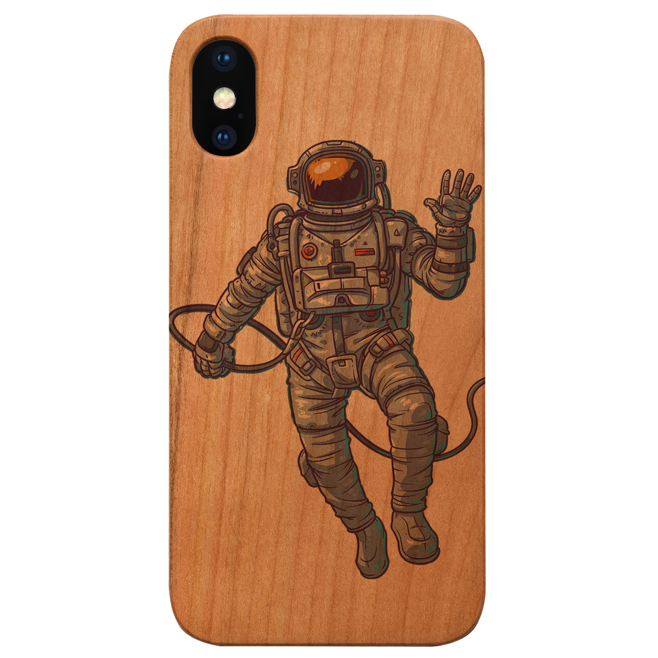 Astronaut UV Color Printed phone case showcasing vibrant designs on a natural wood surface with a rubber bumper.