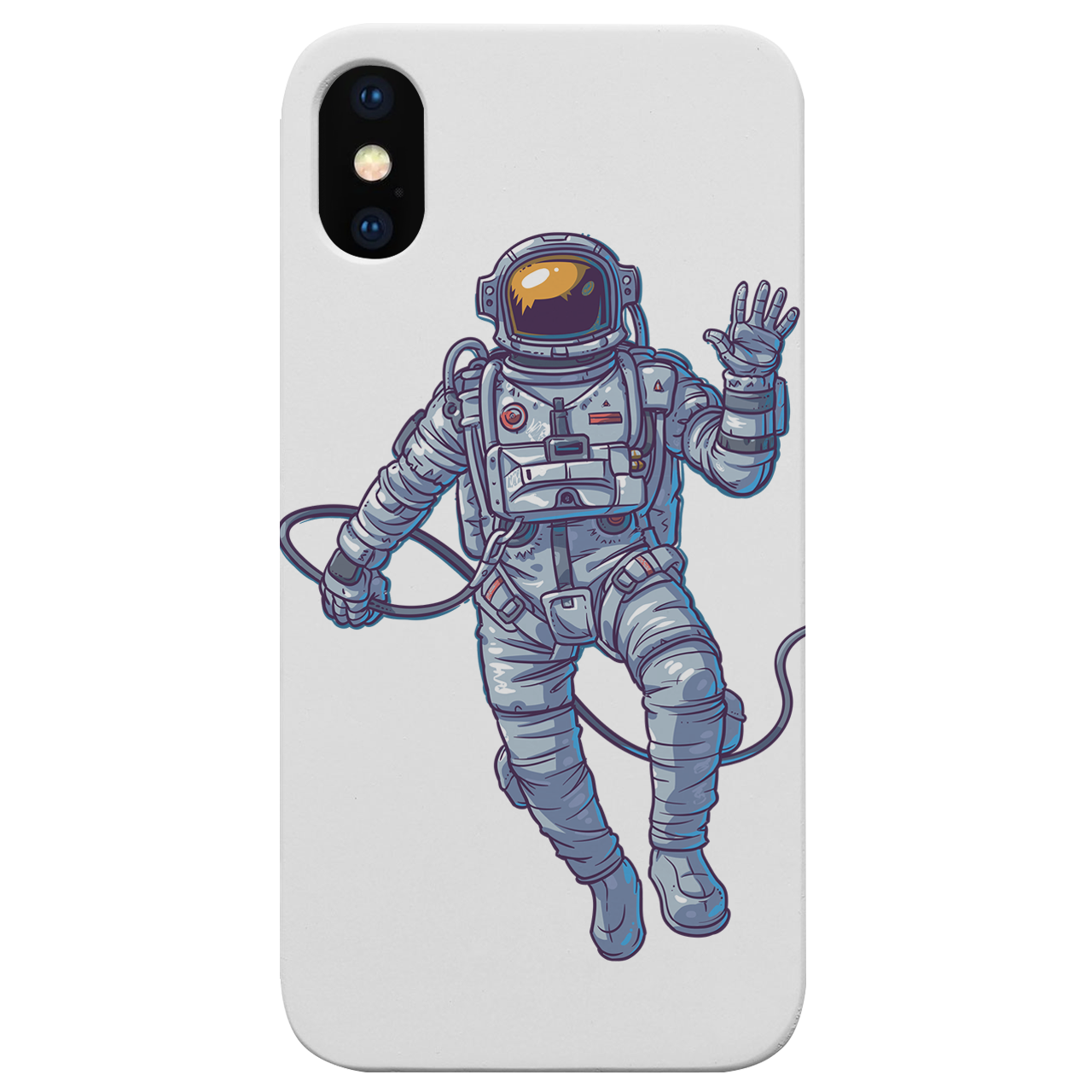 Astronaut UV Color Printed phone case showcasing vibrant designs on a natural wood surface with a rubber bumper.