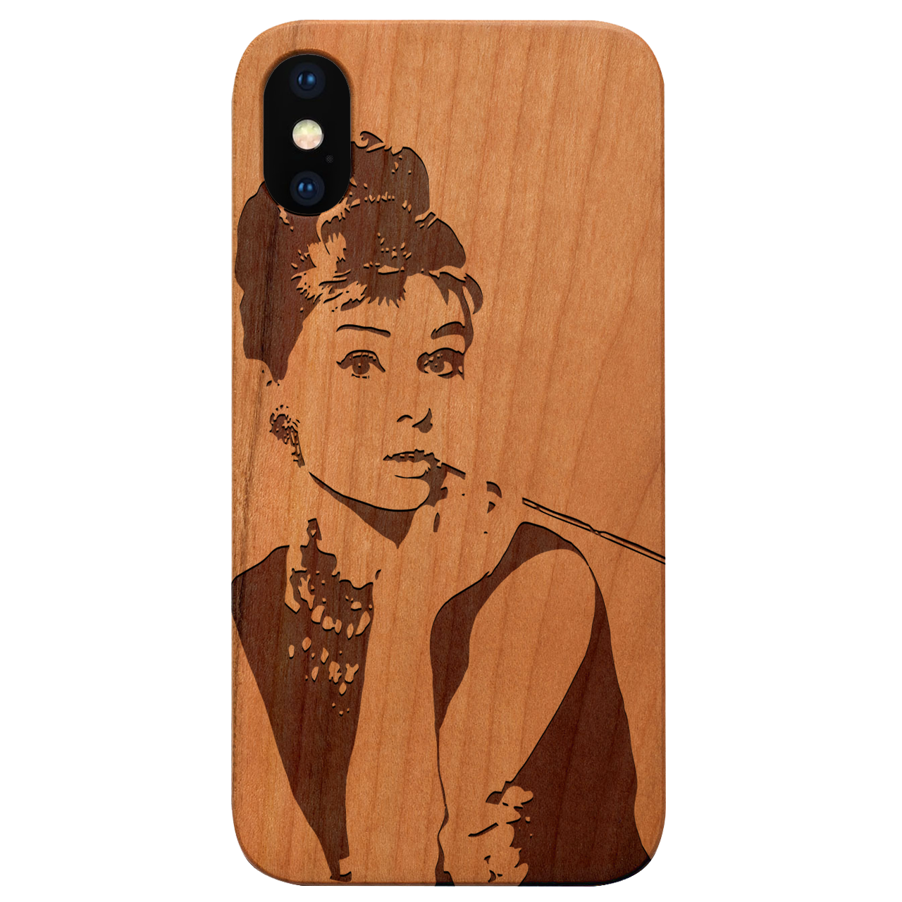 Audrey Hepburn engraved wooden phone case showcasing intricate design and natural wood finish.