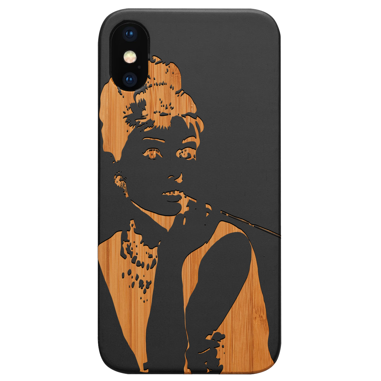 Audrey Hepburn engraved wooden phone case showcasing intricate design and natural wood finish.