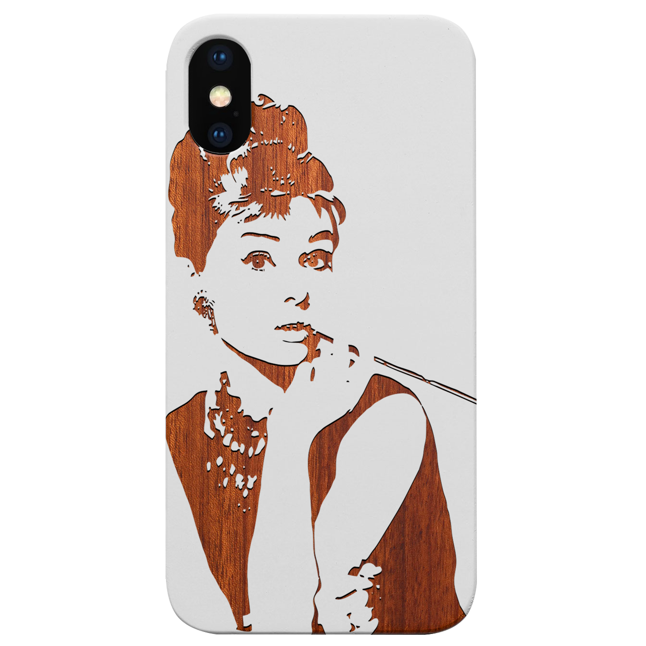 Audrey Hepburn engraved wooden phone case showcasing intricate design and natural wood finish.