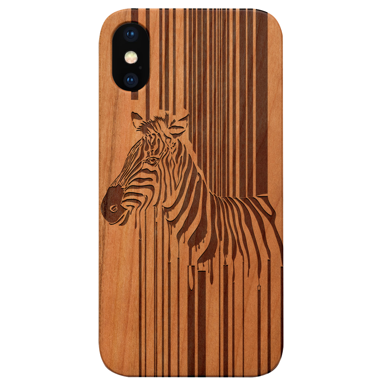 Barcode Zebra - Engraved wooden phone case showcasing intricate laser-engraved design and natural wood finish.