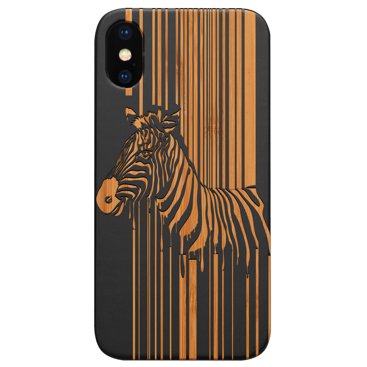 Barcode Zebra - Engraved wooden phone case showcasing intricate laser-engraved design and natural wood finish.