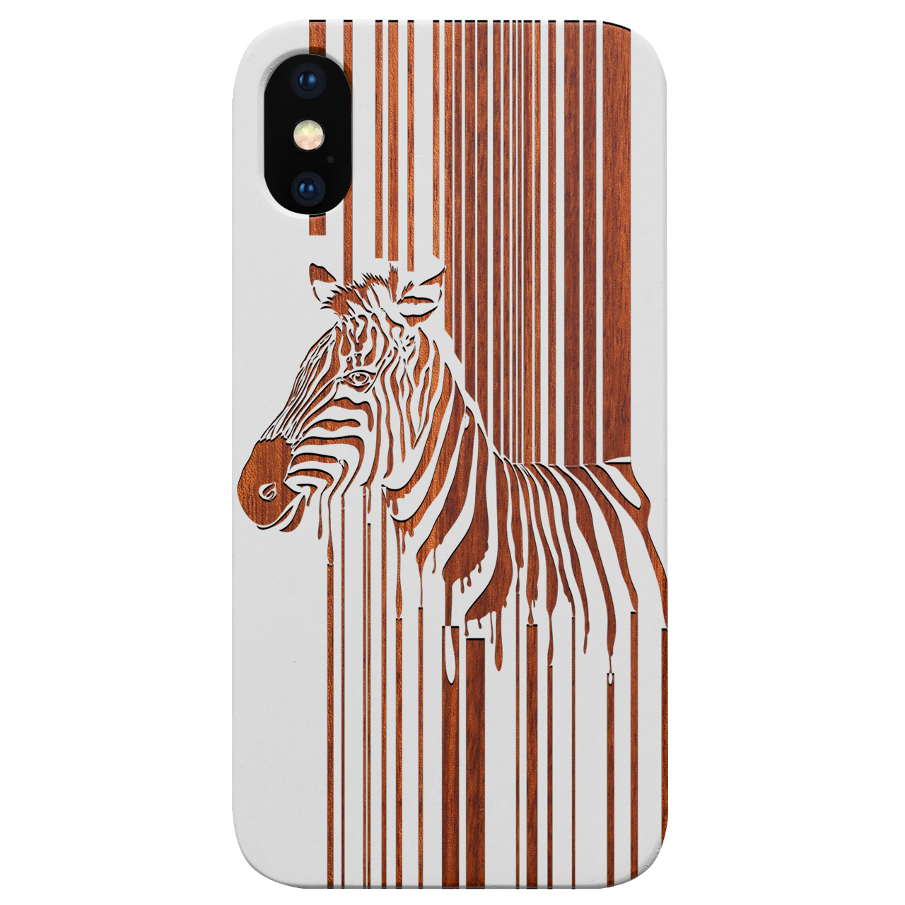 Barcode Zebra - Engraved wooden phone case showcasing intricate laser-engraved design and natural wood finish.