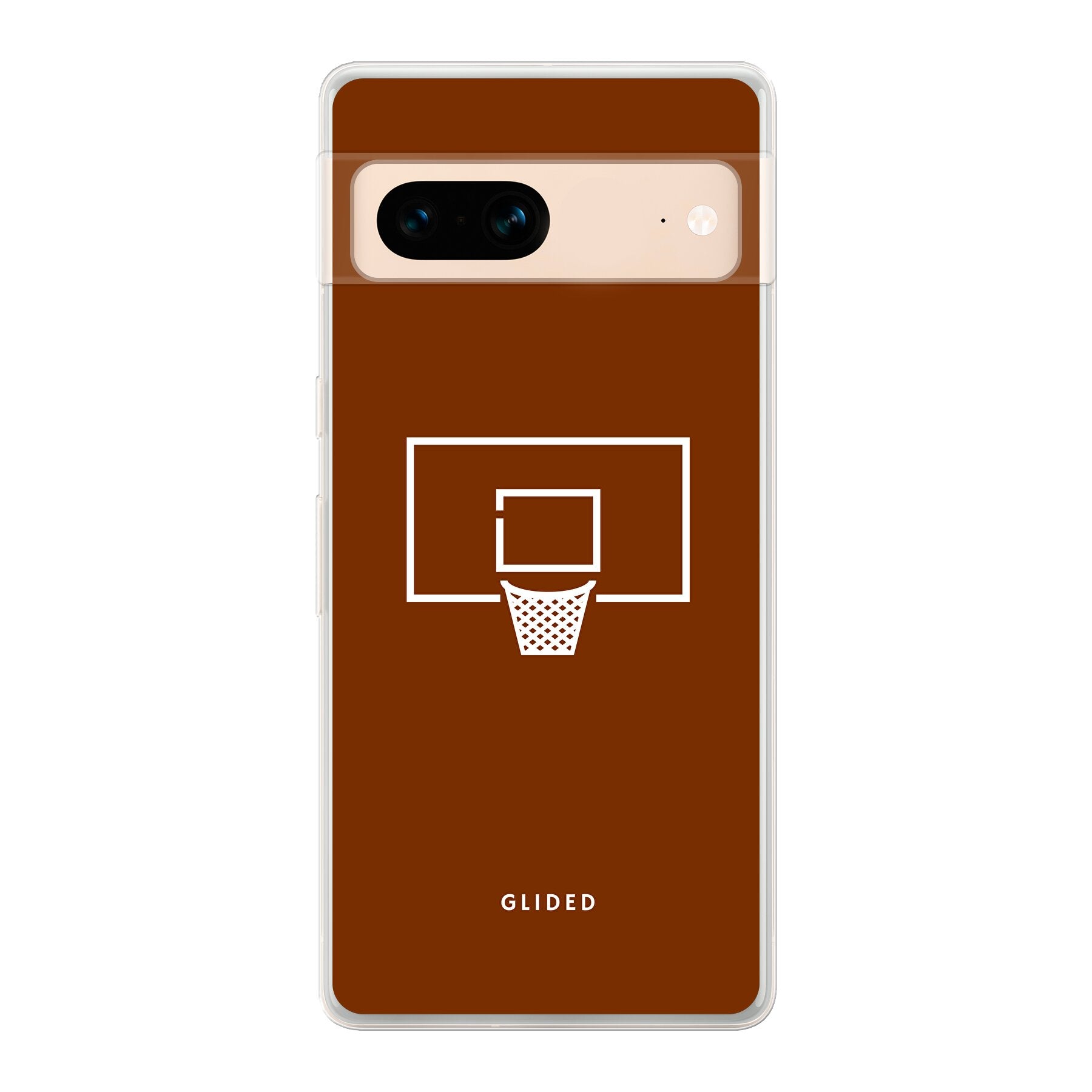 Basket Blaze Handyhülle für Google Pixel 7 mit lebendigem Basketballnetz auf orangefarbenem Hintergrund, ideal für Basketballfans.