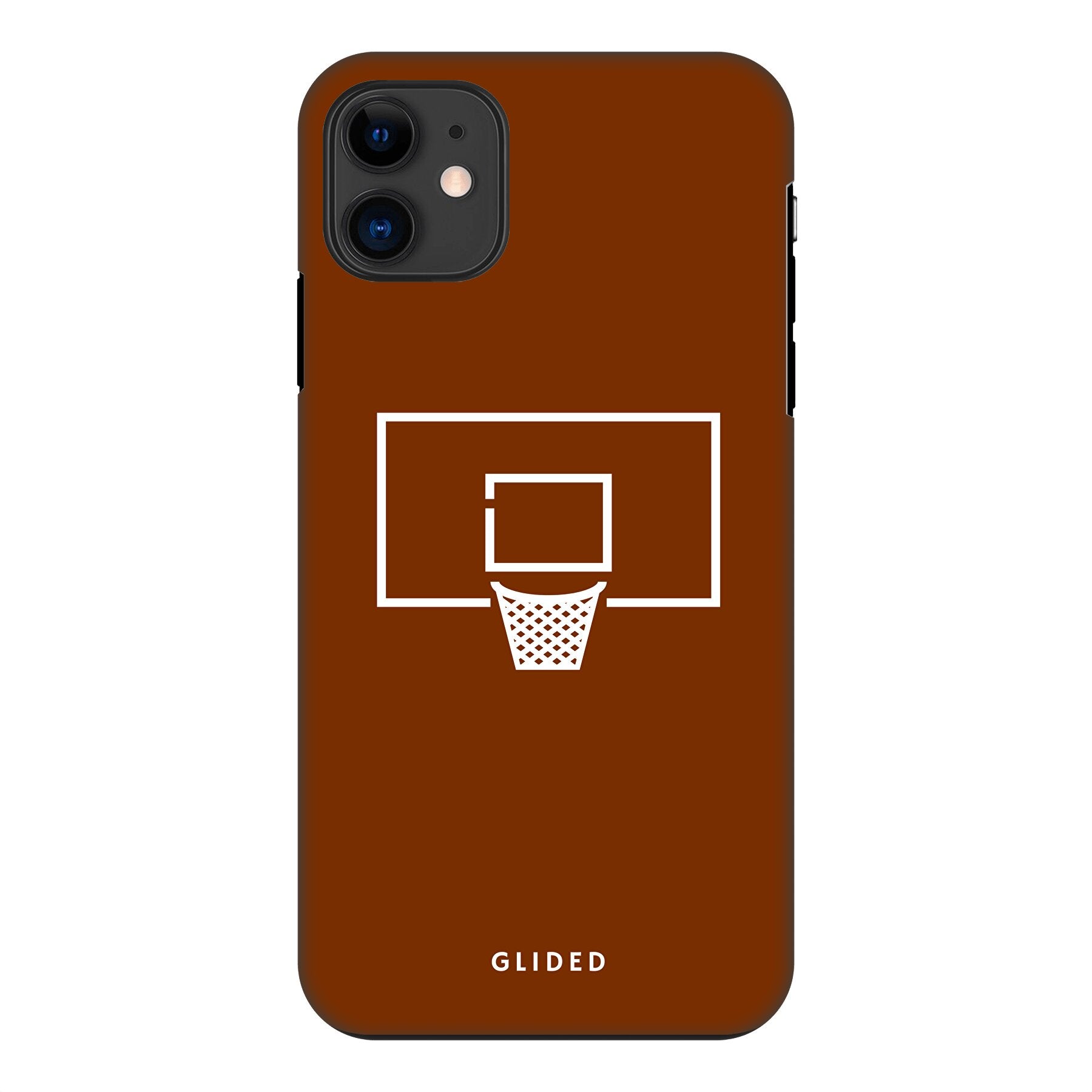 Basket Blaze iPhone 11 Handyhülle mit lebendigem Basketballnetz-Design auf leuchtend orangefarbenem Hintergrund.