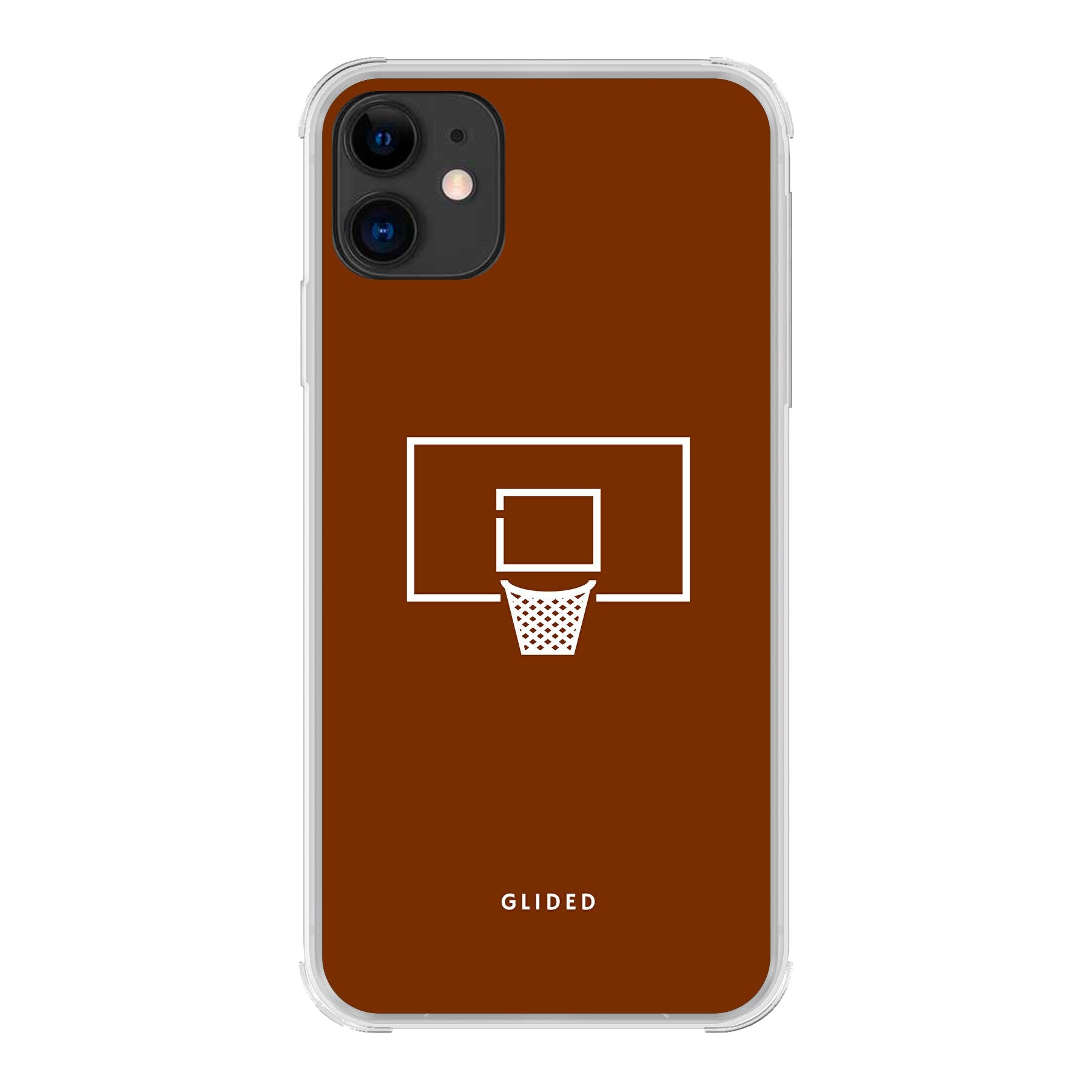 Basket Blaze iPhone 11 Handyhülle mit lebendigem Basketballnetz-Design auf leuchtend orangefarbenem Hintergrund.