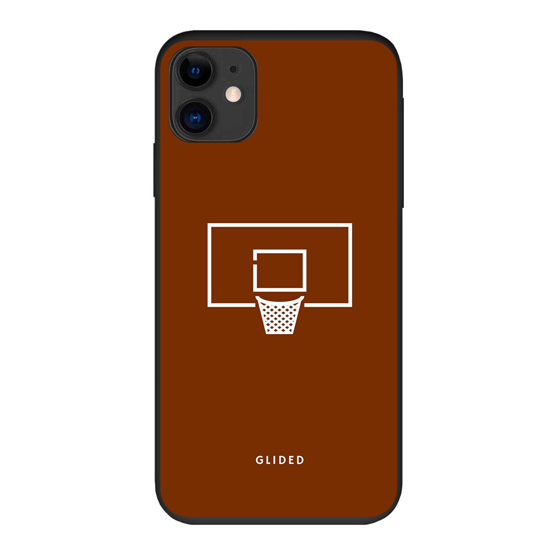 Basket Blaze iPhone 11 Handyhülle mit lebendigem Basketballnetz-Design auf leuchtend orangefarbenem Hintergrund.