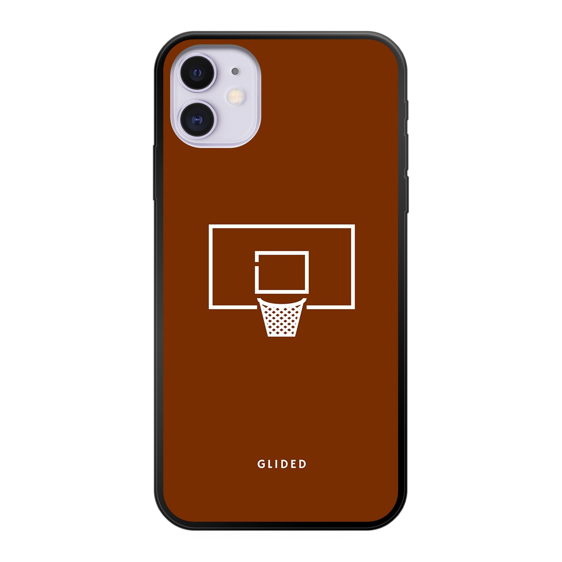 Basket Blaze iPhone 11 Handyhülle mit lebendigem Basketballnetz-Design auf leuchtend orangefarbenem Hintergrund.