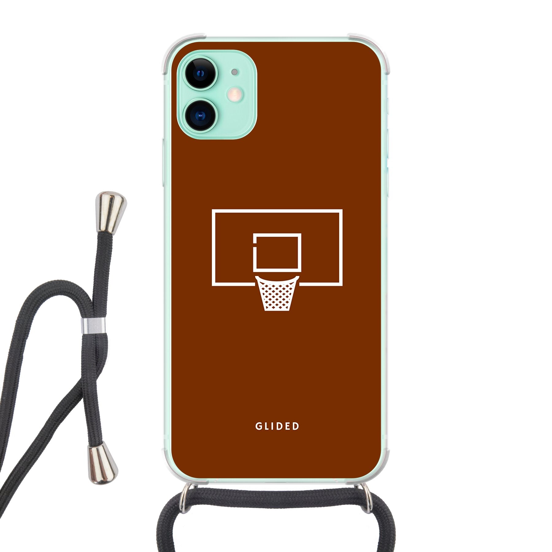 Basket Blaze iPhone 11 Handyhülle mit lebendigem Basketballnetz-Design auf leuchtend orangefarbenem Hintergrund.