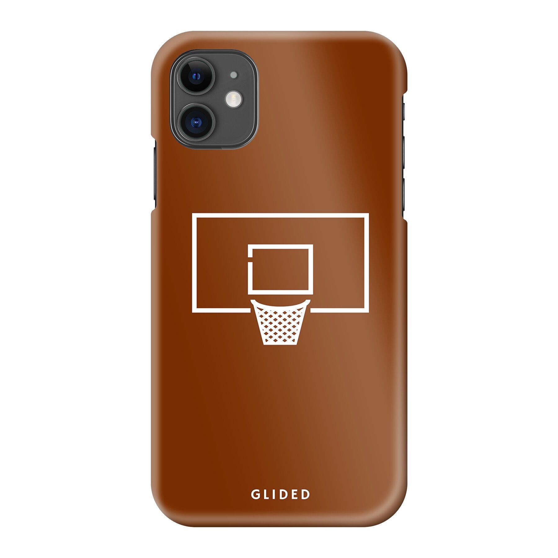 Basket Blaze iPhone 11 Handyhülle mit lebendigem Basketballnetz-Design auf leuchtend orangefarbenem Hintergrund.