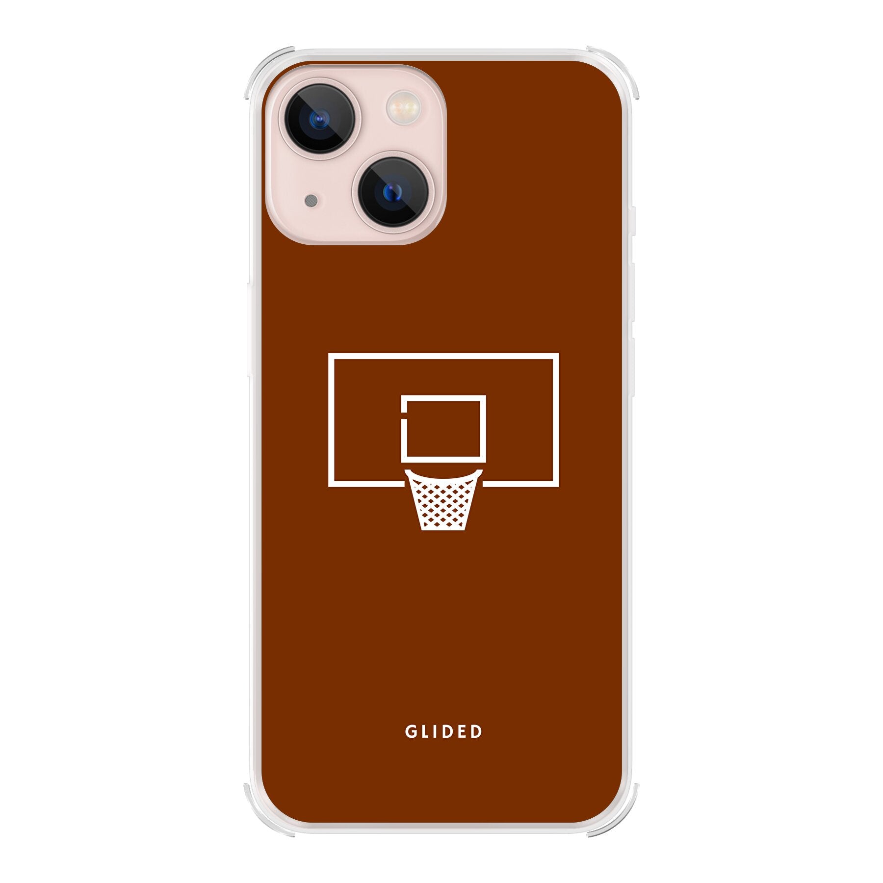 Basket Blaze Handyhülle für iPhone 13 mini mit lebendigem Basketballnetz auf orangefarbenem Hintergrund, ideal für Basketballfans.