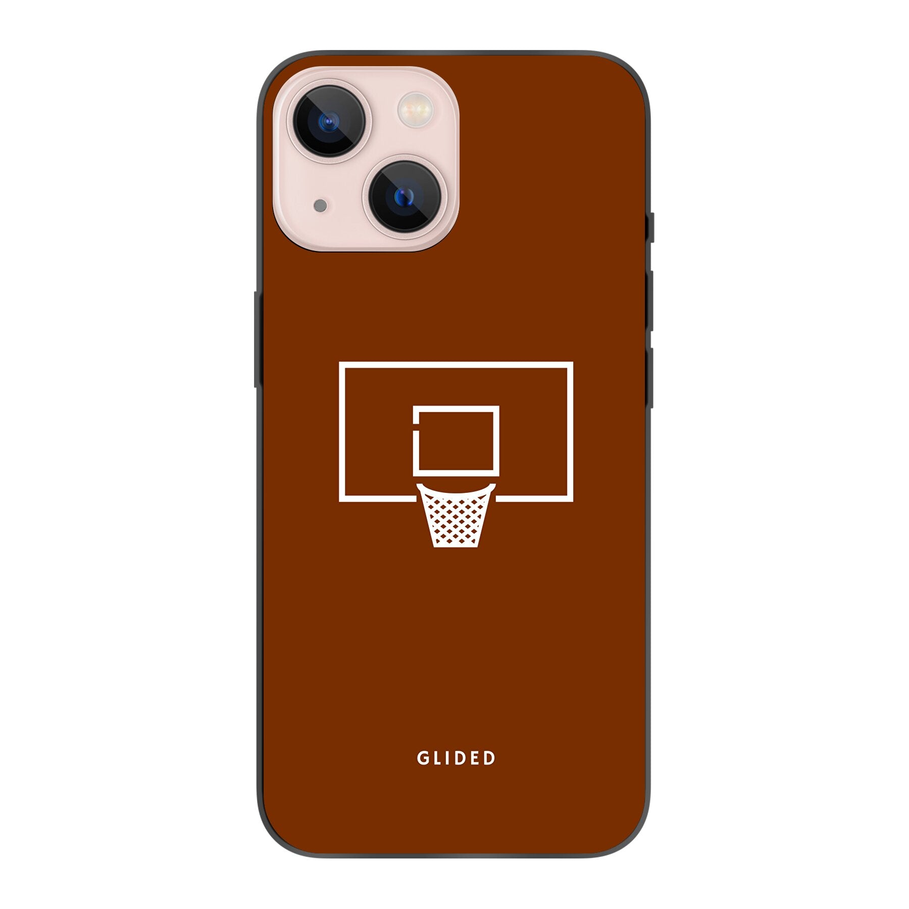 Basket Blaze Handyhülle für iPhone 13 mini mit lebendigem Basketballnetz auf orangefarbenem Hintergrund, ideal für Basketballfans.