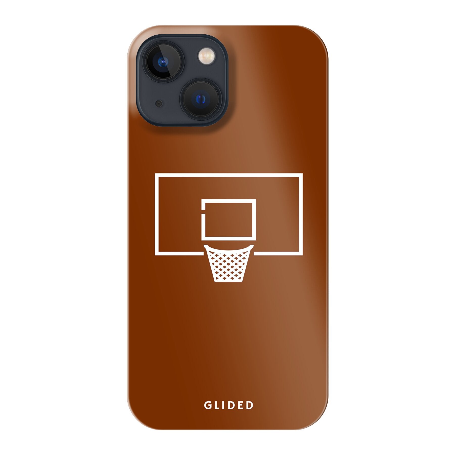 Basket Blaze Handyhülle für iPhone 13 mini mit lebendigem Basketballnetz auf orangefarbenem Hintergrund, ideal für Basketballfans.