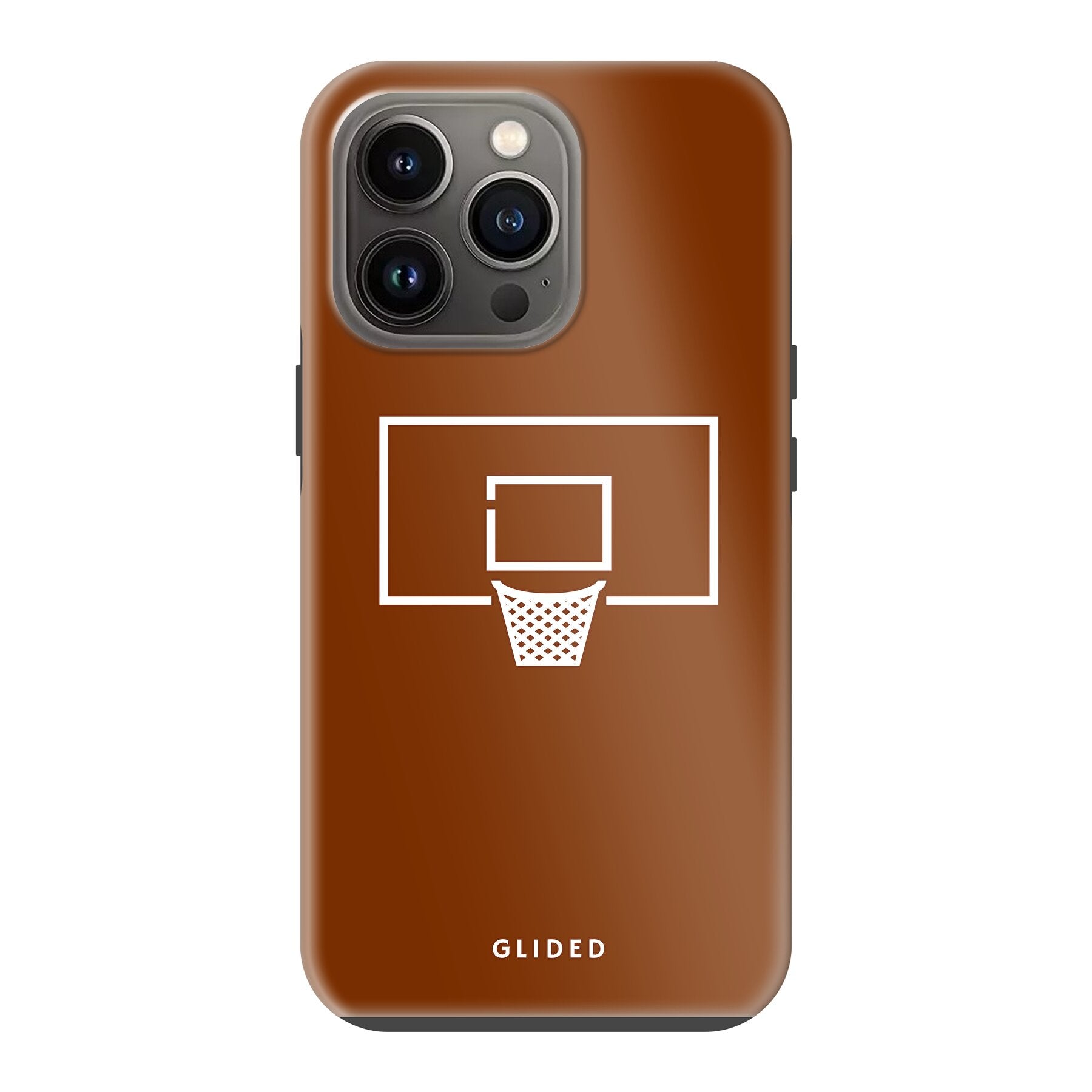 Basket Blaze Handyhülle für iPhone 13 Pro mit lebendigem Basketballnetz auf orangefarbenem Hintergrund, ideal für Basketballfans.