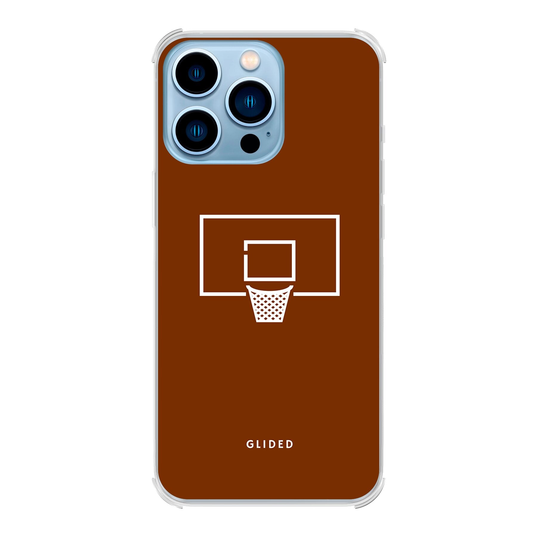 Basket Blaze Handyhülle für iPhone 13 Pro mit lebendigem Basketballnetz auf orangefarbenem Hintergrund, ideal für Basketballfans.