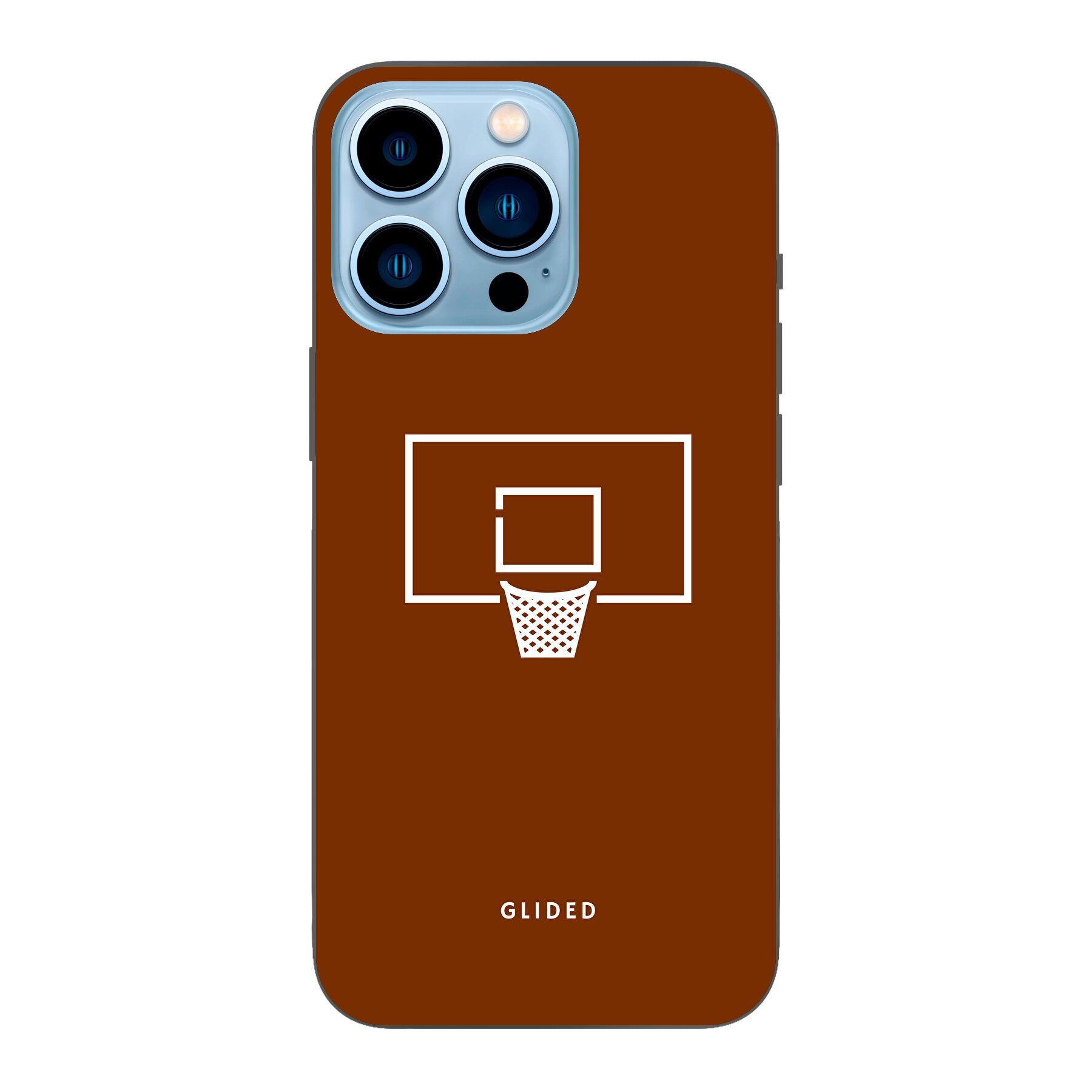 Basket Blaze Handyhülle für iPhone 13 Pro mit lebendigem Basketballnetz auf orangefarbenem Hintergrund, ideal für Basketballfans.