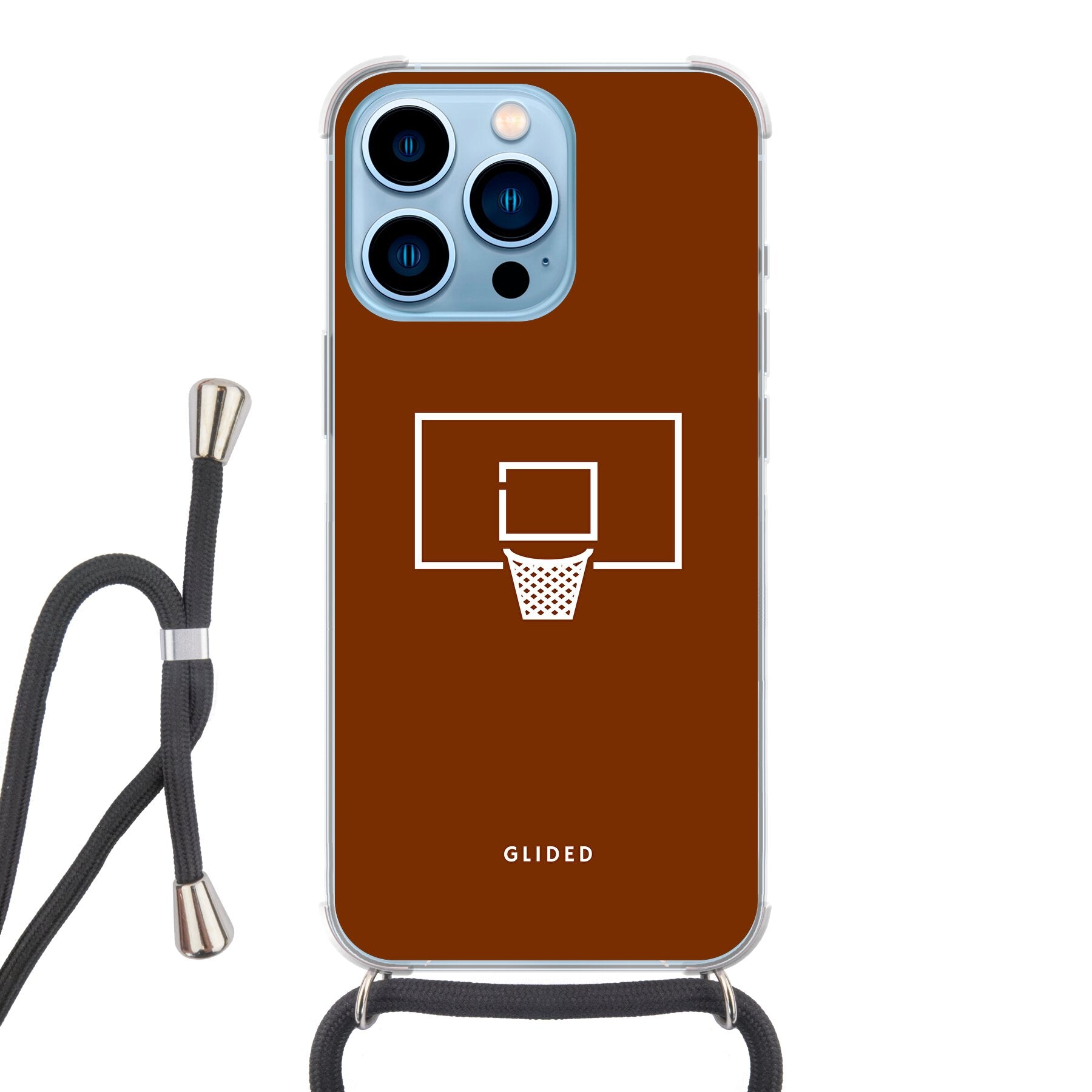 Basket Blaze Handyhülle für iPhone 13 Pro mit lebendigem Basketballnetz auf orangefarbenem Hintergrund, ideal für Basketballfans.