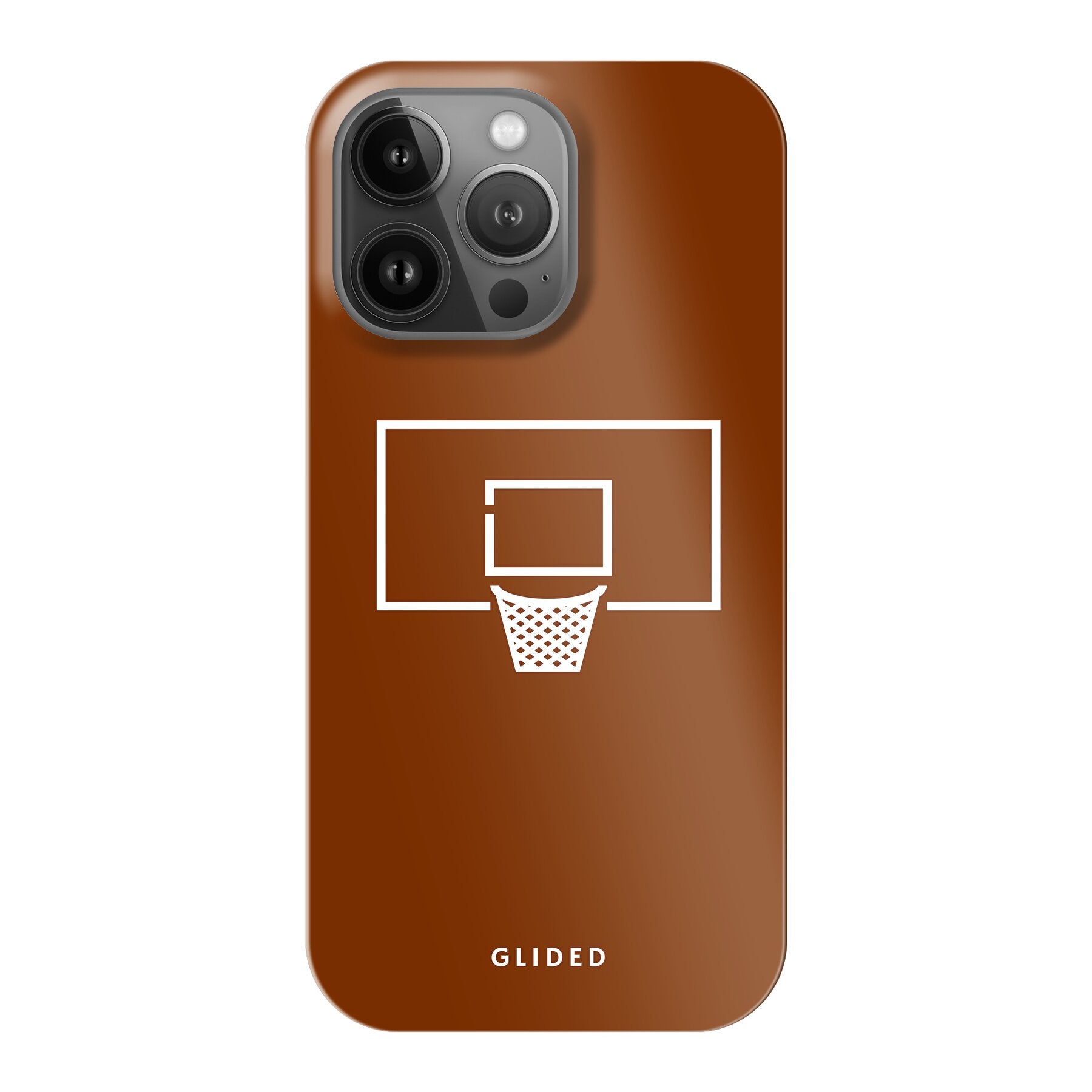 Basket Blaze Handyhülle für iPhone 13 Pro mit lebendigem Basketballnetz auf orangefarbenem Hintergrund, ideal für Basketballfans.