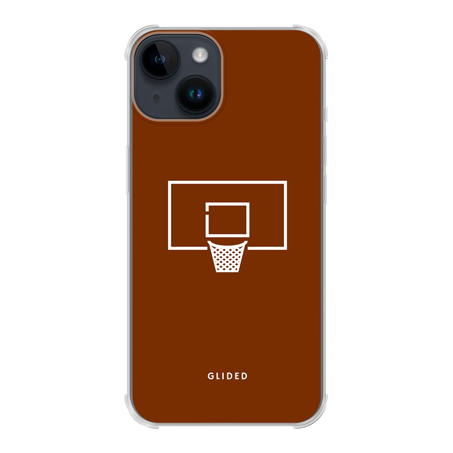 Basket Blaze Handyhülle für iPhone 14 mit lebendigem Basketballnetz auf leuchtend orangefarbenem Hintergrund.