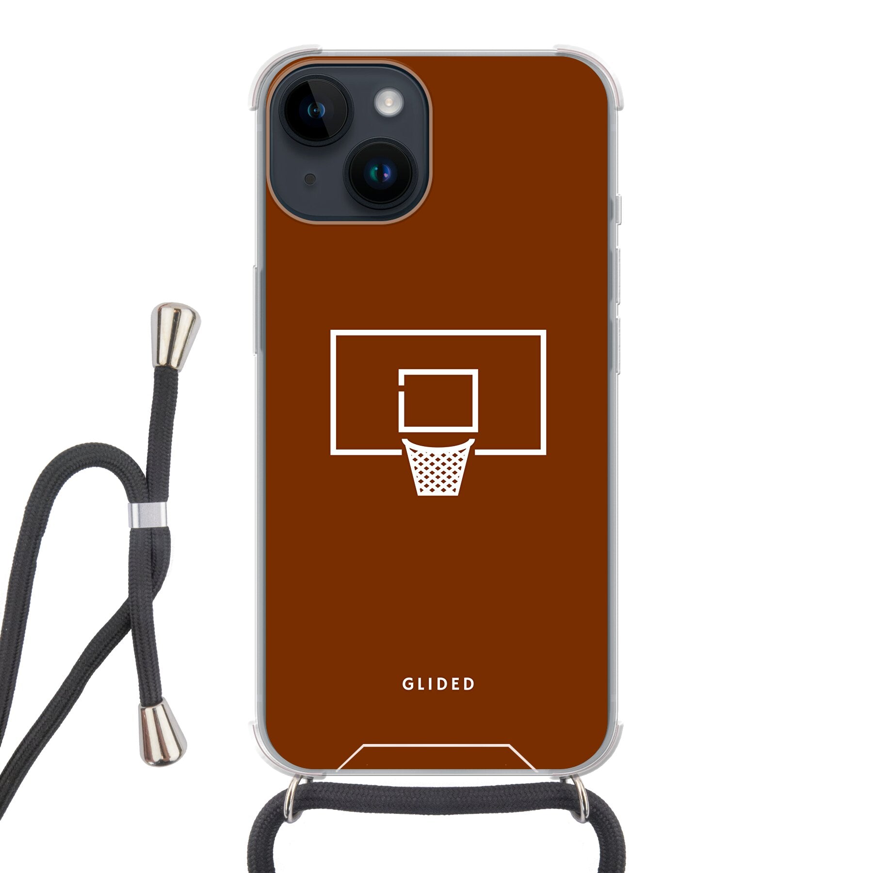 Basket Blaze Handyhülle für iPhone 14 mit lebendigem Basketballnetz auf leuchtend orangefarbenem Hintergrund.