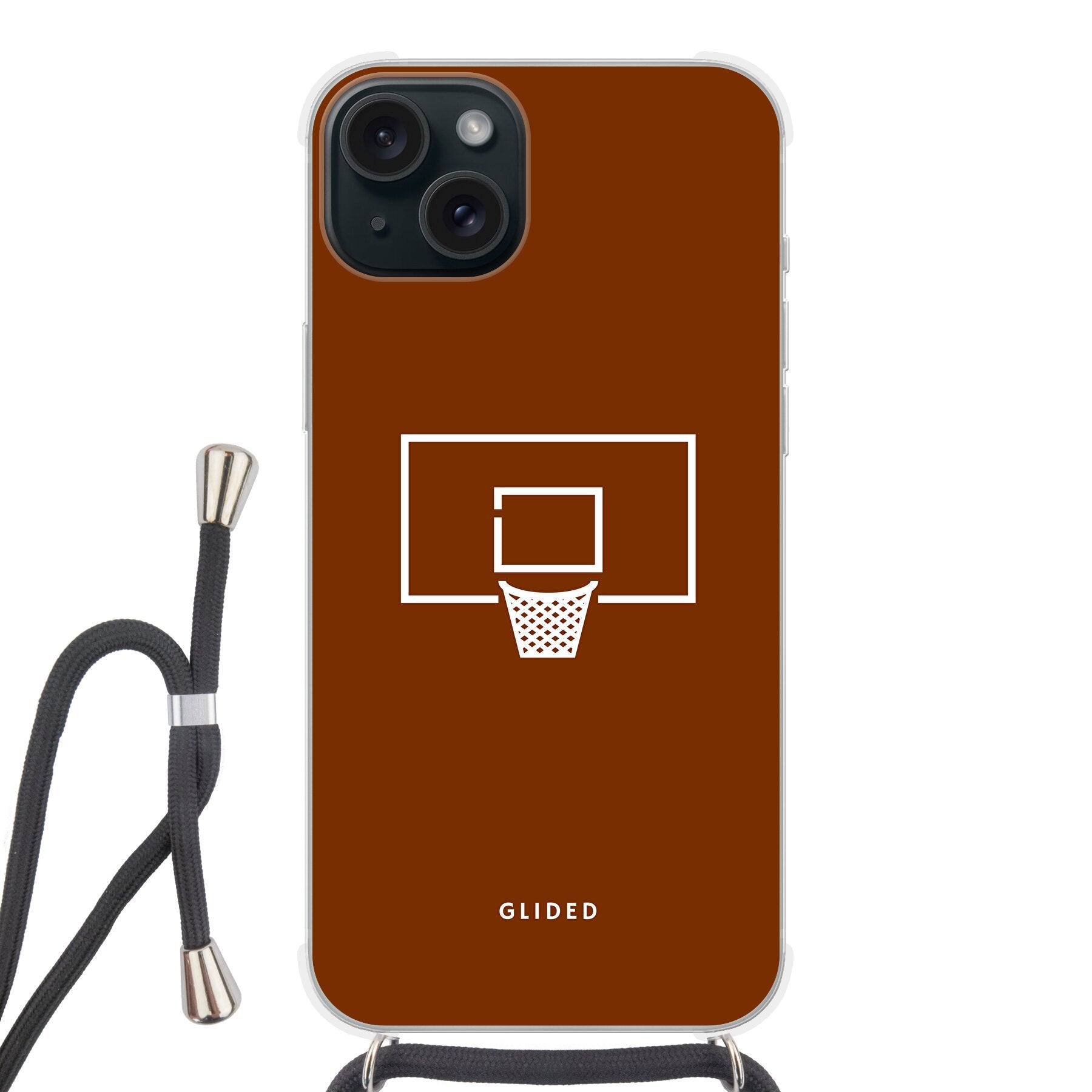 Basket Blaze Handyhülle für iPhone 15 Plus mit lebendigem Basketballnetz-Design auf orangefarbenem Hintergrund.