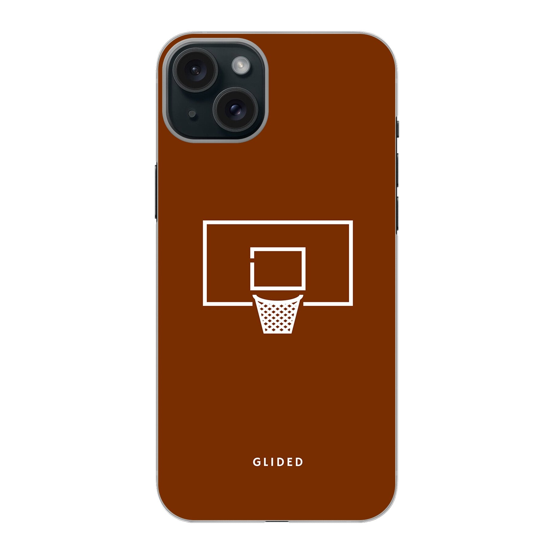 Basket Blaze Handyhülle für iPhone 15 Plus mit lebendigem Basketballnetz-Design auf orangefarbenem Hintergrund.