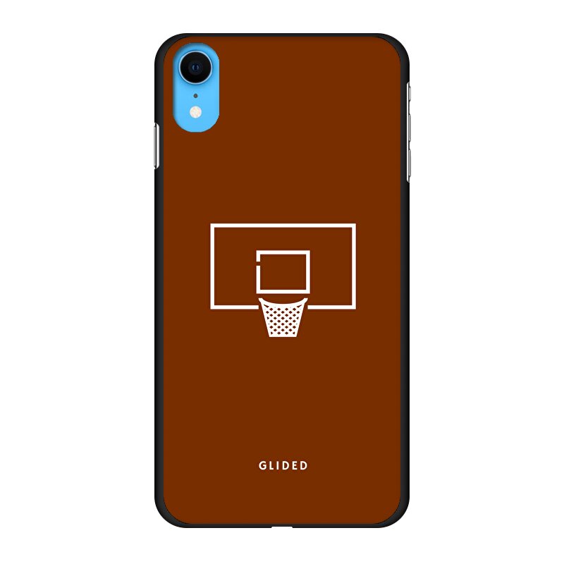 Basket Blaze Handyhülle für iPhone XR mit lebendigem Basketballnetz auf orangefarbenem Hintergrund, ideal für Basketball-Fans.