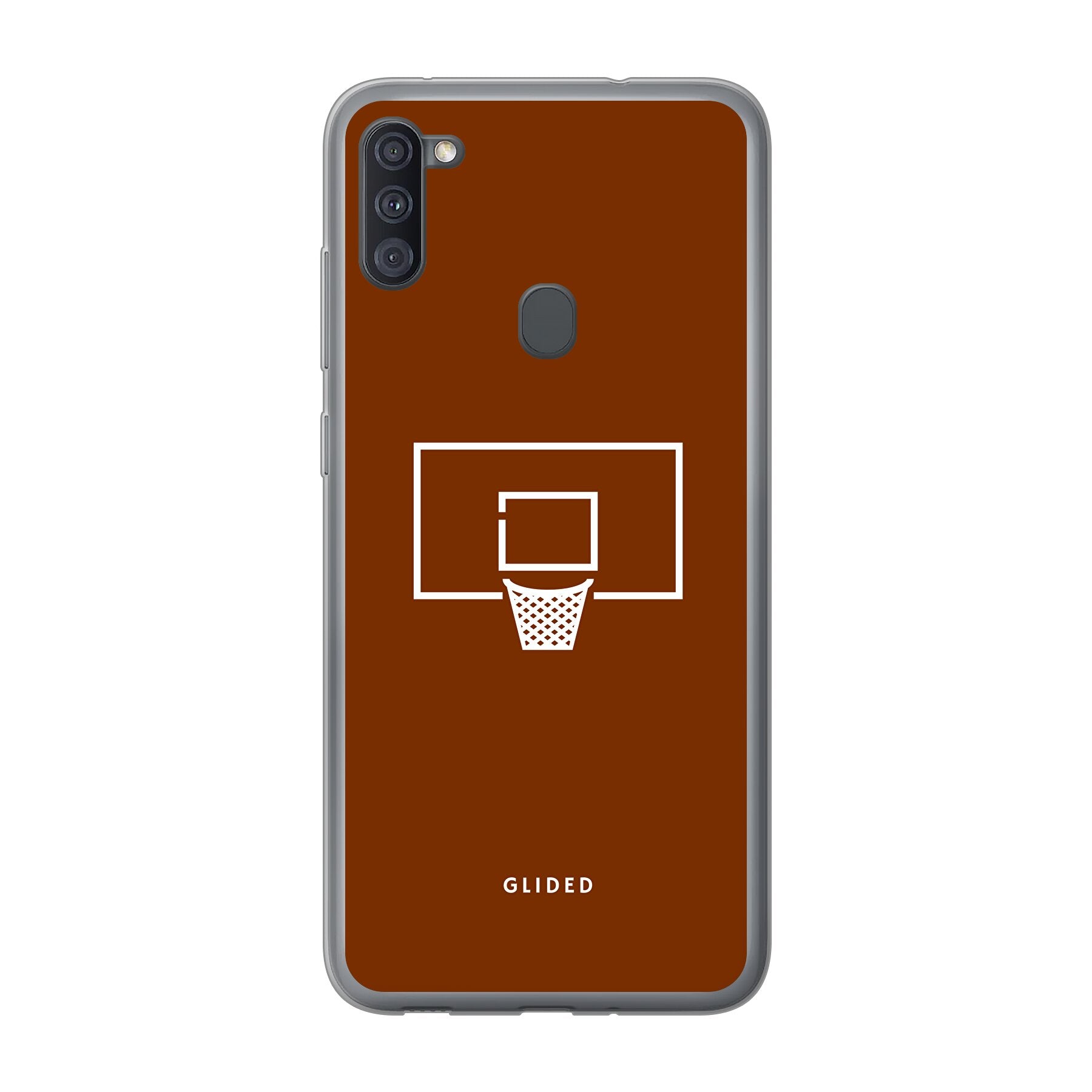 Basket Blaze Handyhülle für Samsung Galaxy A11 mit lebendigem Basketballnetz auf orangefarbenem Hintergrund.