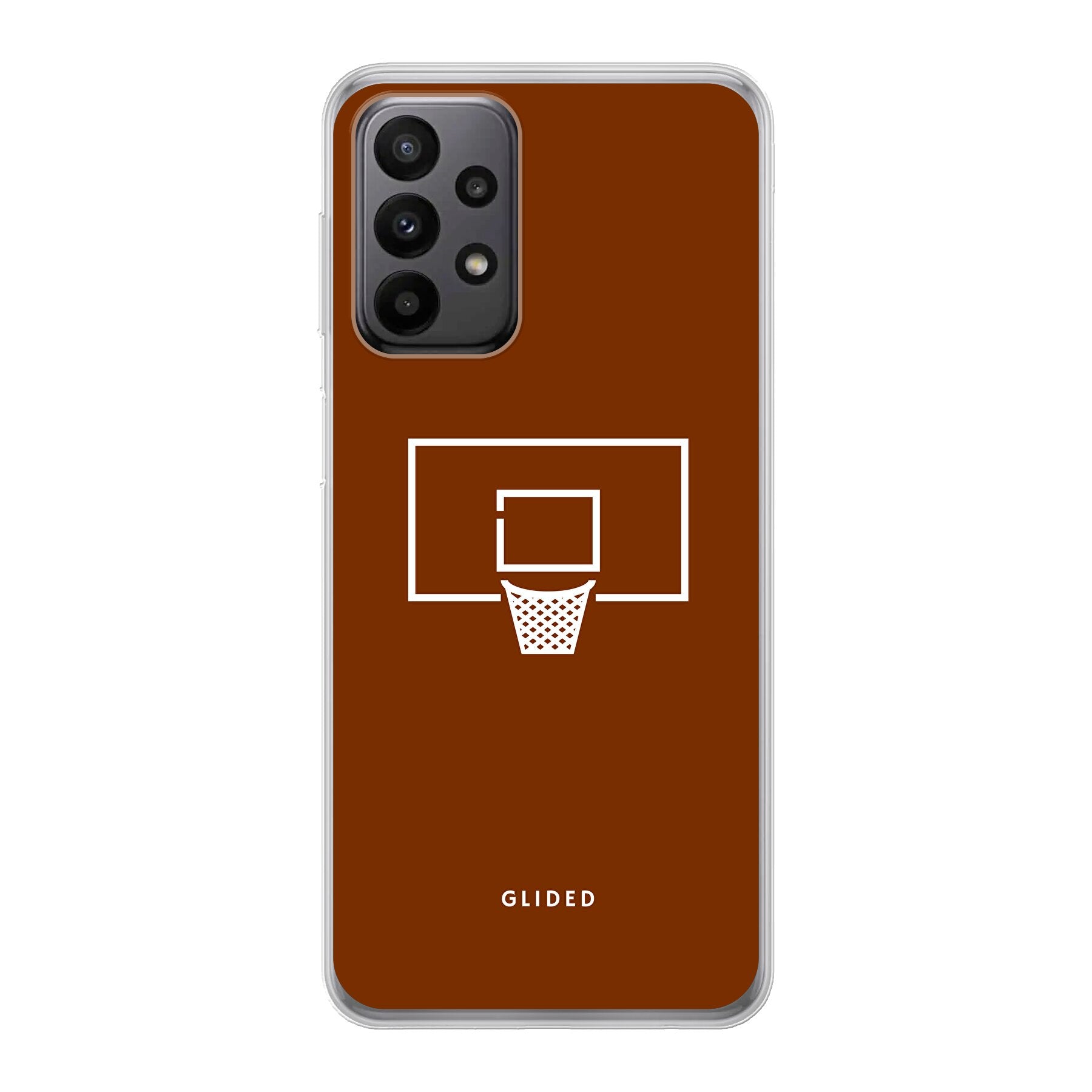 Basket Blaze Handyhülle für Samsung Galaxy A23 5G mit lebendigem Basketballnetz-Design auf orangefarbenem Hintergrund.