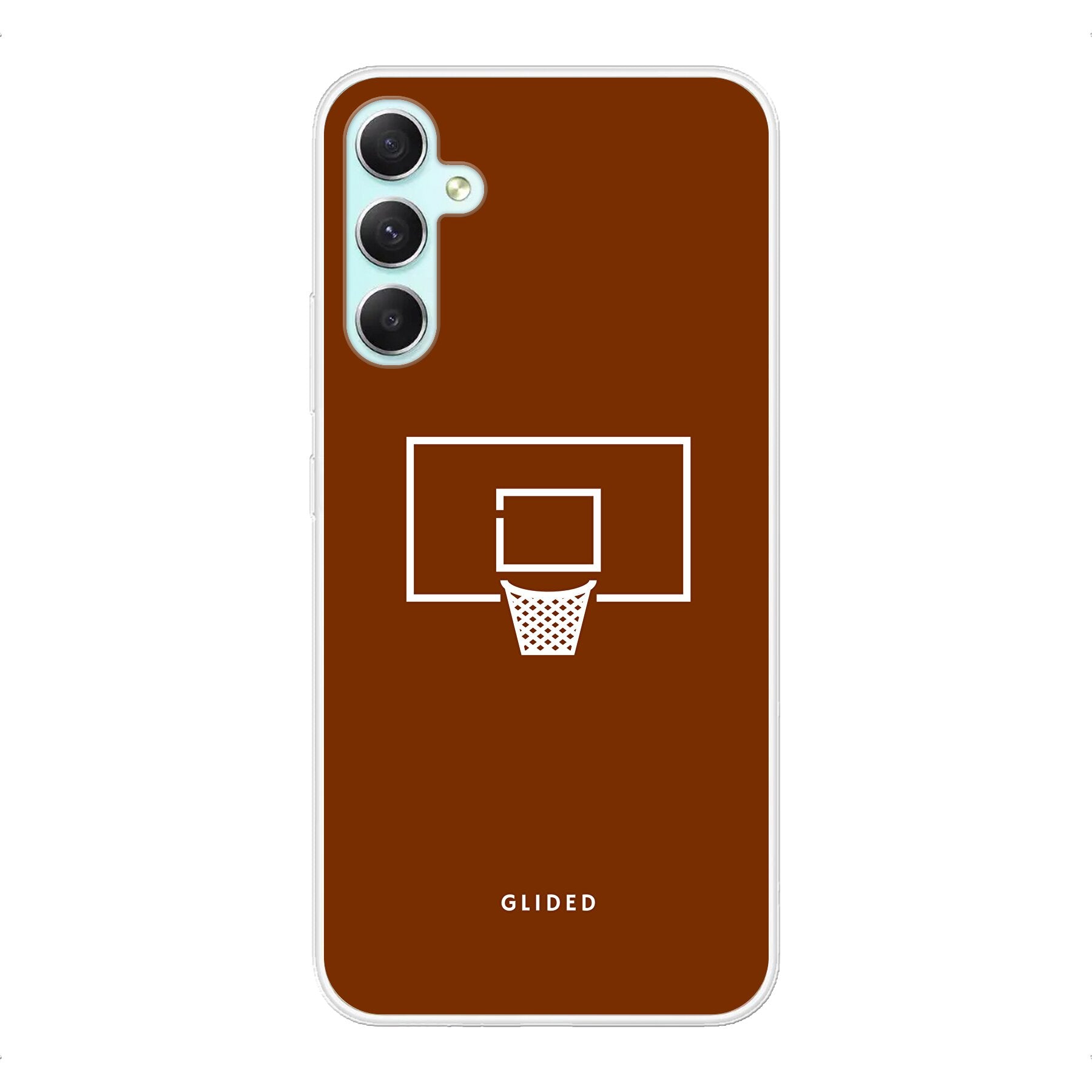 Basket Blaze Handyhülle für Samsung Galaxy A34 mit lebendigem Basketballnetz auf orangefarbenem Hintergrund.