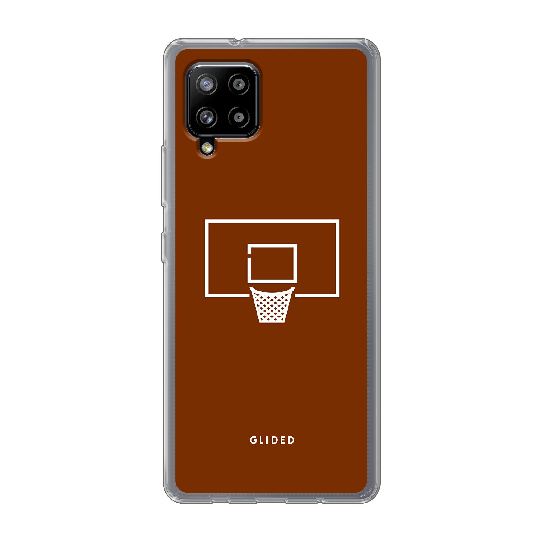 Basket Blaze Handyhülle für Samsung Galaxy A42 5G mit lebendigem Basketballnetz-Design auf orangefarbenem Hintergrund.