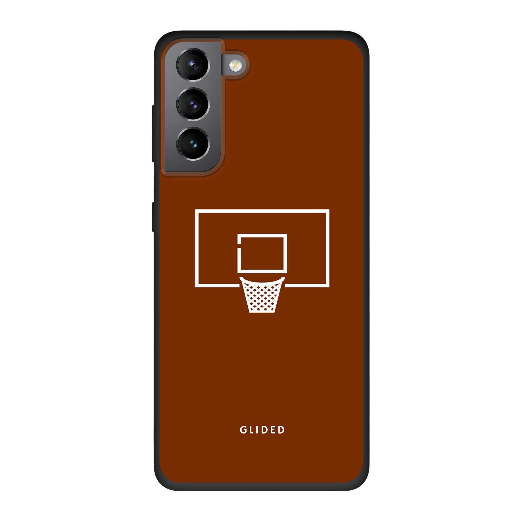 Basket Blaze Handyhülle für Samsung Galaxy S21 5G mit lebendigem Basketballnetz auf orangefarbenem Hintergrund.