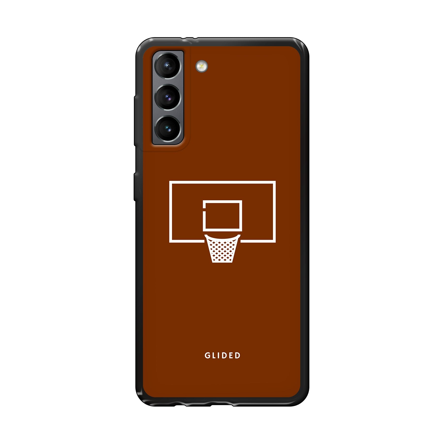 Basket Blaze Handyhülle für Samsung Galaxy S21 5G mit lebendigem Basketballnetz auf orangefarbenem Hintergrund.