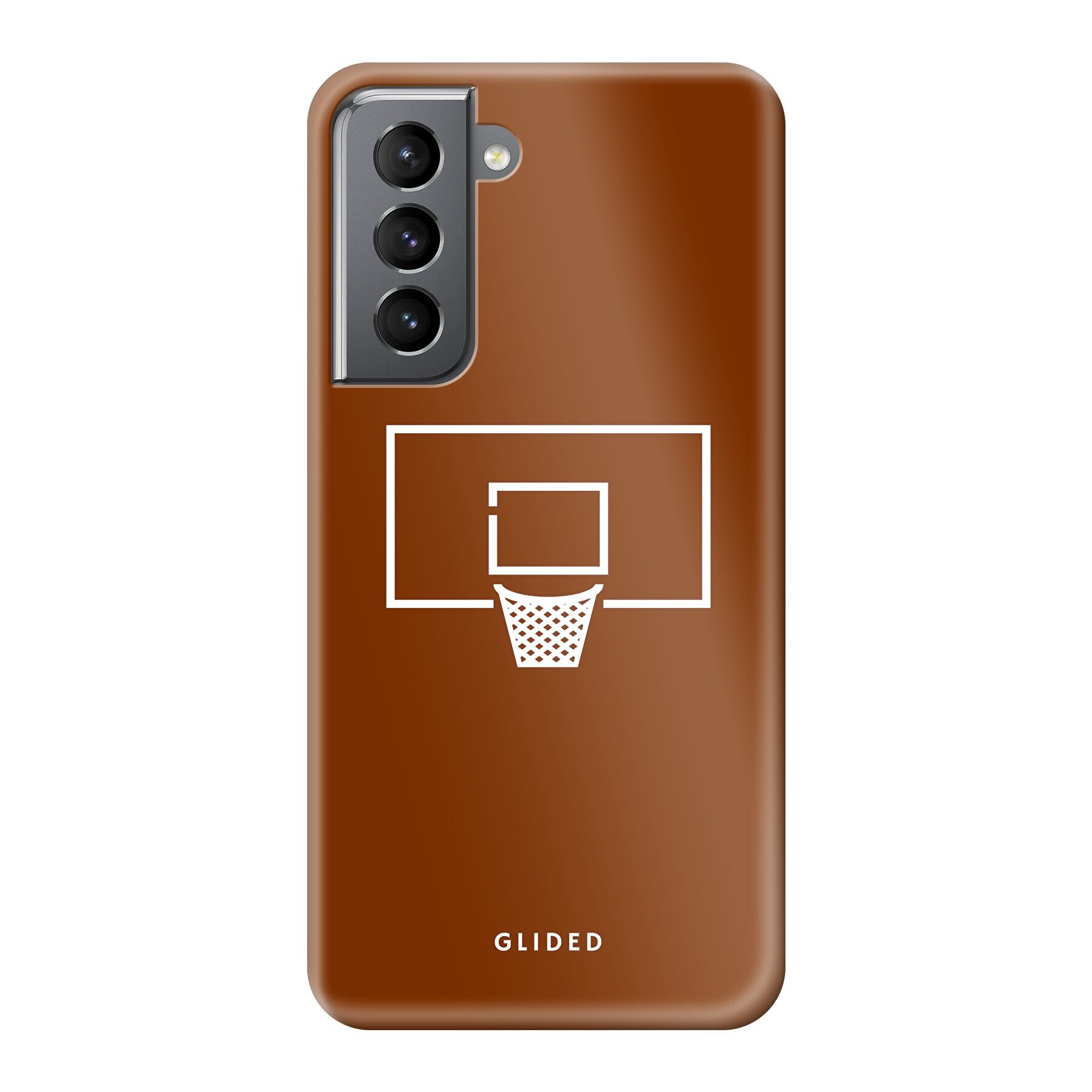 Basket Blaze Handyhülle für Samsung Galaxy S21 5G mit lebendigem Basketballnetz auf orangefarbenem Hintergrund.