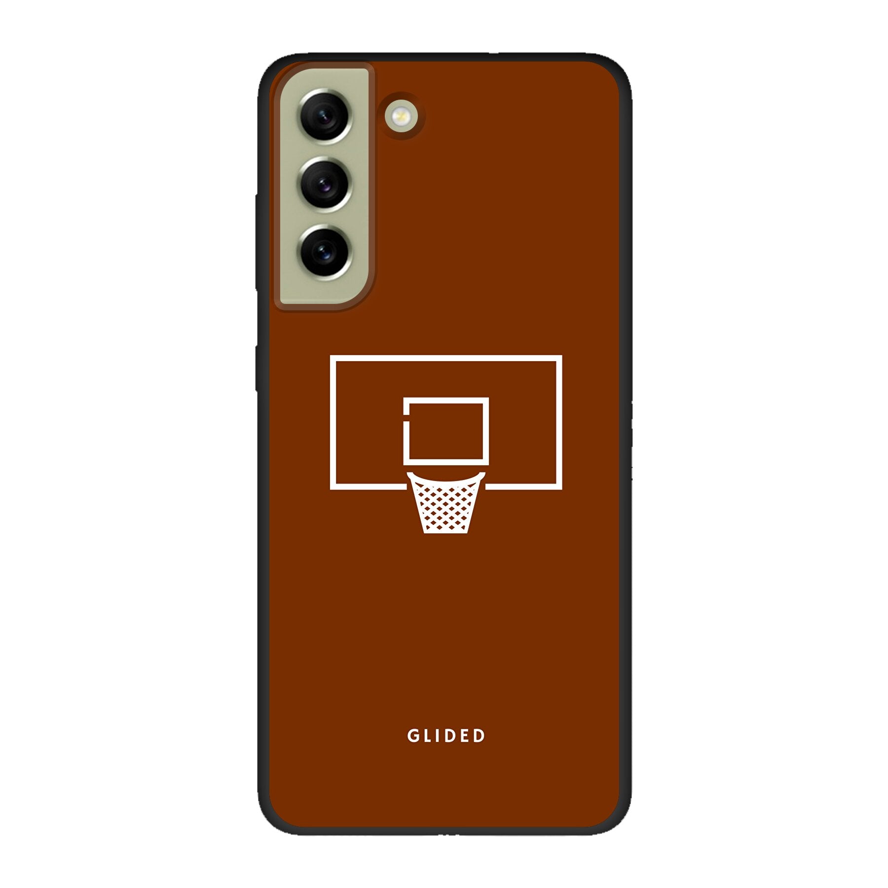 Basket Blaze Handyhülle für Samsung Galaxy S21 FE mit lebendigem Basketballnetz-Design auf orangefarbenem Hintergrund.